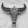 Carved Water Buffalo Skull with Small Lotus – Tribal Wall Art – Artisan Bone Sculpture with Engraved Horns - Skull,A/087