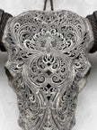 Carved Water Buffalo Skull with Small Lotus – Tribal Wall Art – Artisan Bone Sculpture with Engraved Horns - Skull,A/087