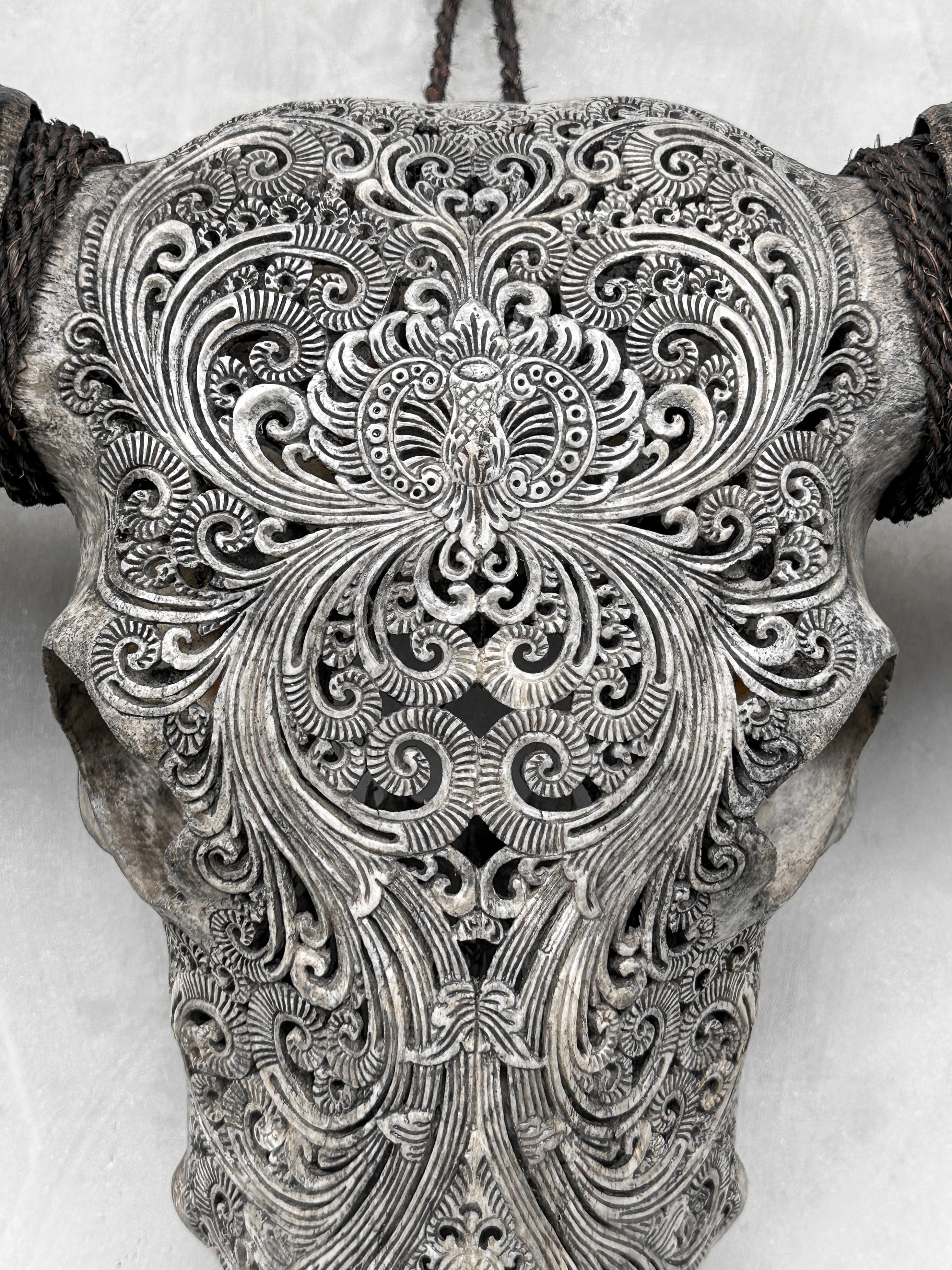 Carved Water Buffalo Skull with Small Lotus – Tribal Wall Art – Artisan Bone Sculpture with Engraved Horns - Skull,A/087