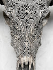 Carved Water Buffalo Skull with Small Lotus – Tribal Wall Art – Artisan Bone Sculpture with Engraved Horns - Skull,A/087