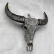 Carved Water Buffalo Skull with Small Lotus – Tribal Wall Art – Artisan Bone Sculpture with Engraved Horns - Skull,A/087