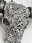 Carved Water Buffalo Skull with Small Lotus – Tribal Wall Art – Artisan Bone Sculpture with Engraved Horns - Skull,A/087