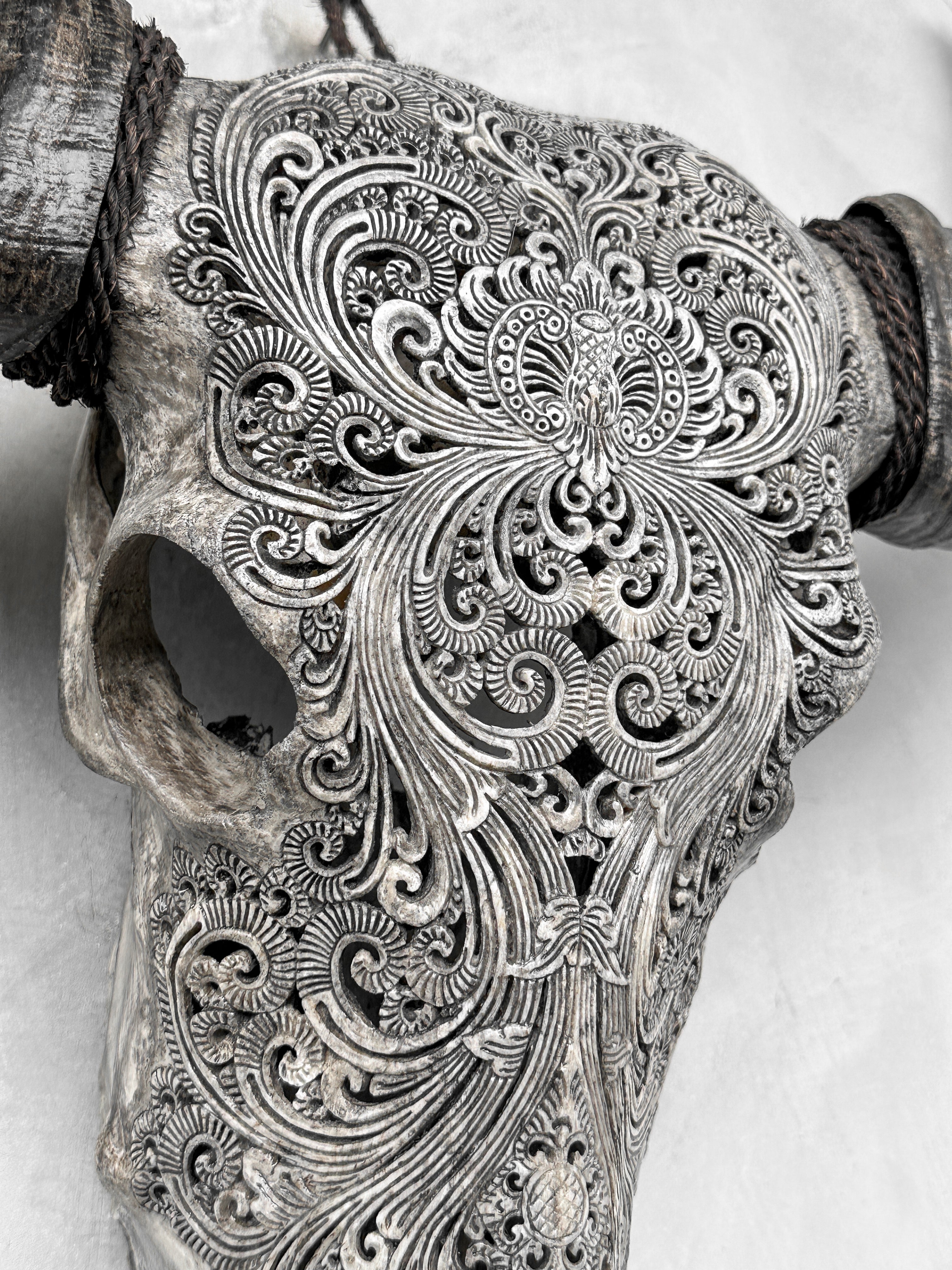 Carved Water Buffalo Skull with Small Lotus – Tribal Wall Art – Artisan Bone Sculpture with Engraved Horns - Skull,A/087
