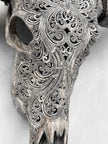 Carved Water Buffalo Skull with Small Lotus – Tribal Wall Art – Artisan Bone Sculpture with Engraved Horns - Skull,A/087