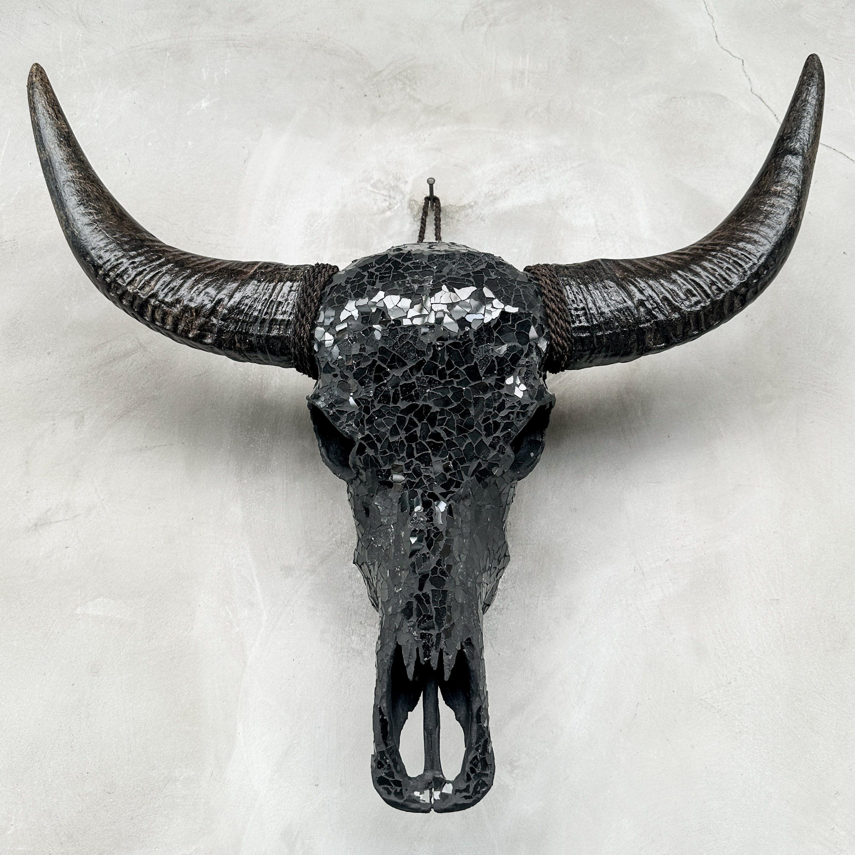 Black Mosaic Buffalo Skull – Dark Horn Wall Decor for Boho, Gothic, Modern Industrial, or Rustic Statement Interior Styling - Skull,A/136