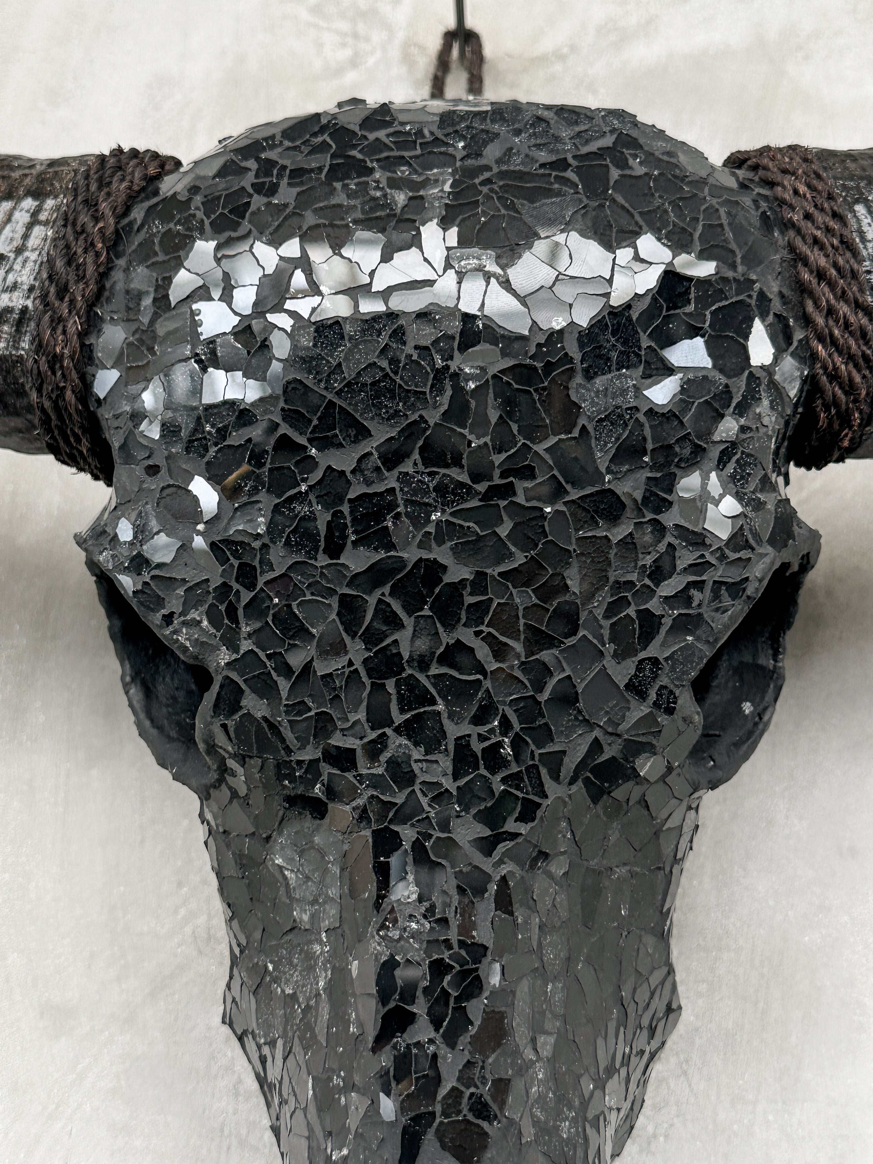 Black Mosaic Buffalo Skull – Dark Horn Wall Decor for Boho, Gothic, Modern Industrial, or Rustic Statement Interior Styling - Skull,A/136