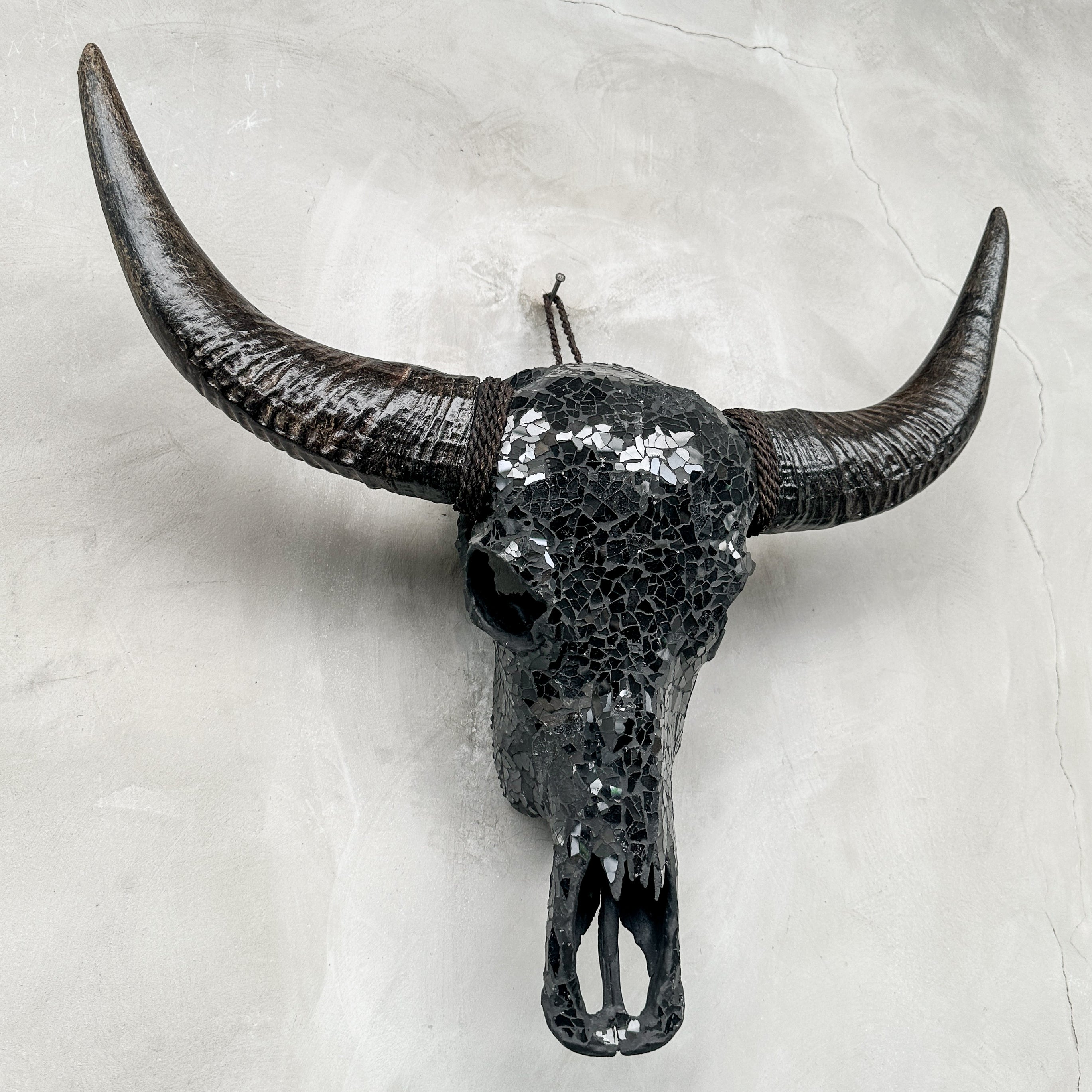 Black Mosaic Buffalo Skull – Dark Horn Wall Decor for Boho, Gothic, Modern Industrial, or Rustic Statement Interior Styling - Skull,A/136