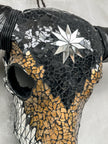 Black and Yellow Mosaic Buffalo Skull with Star – Horned Wall Art for Boho, Western, Luxe, or Eclectic Interior Decoration - Skull,A/135