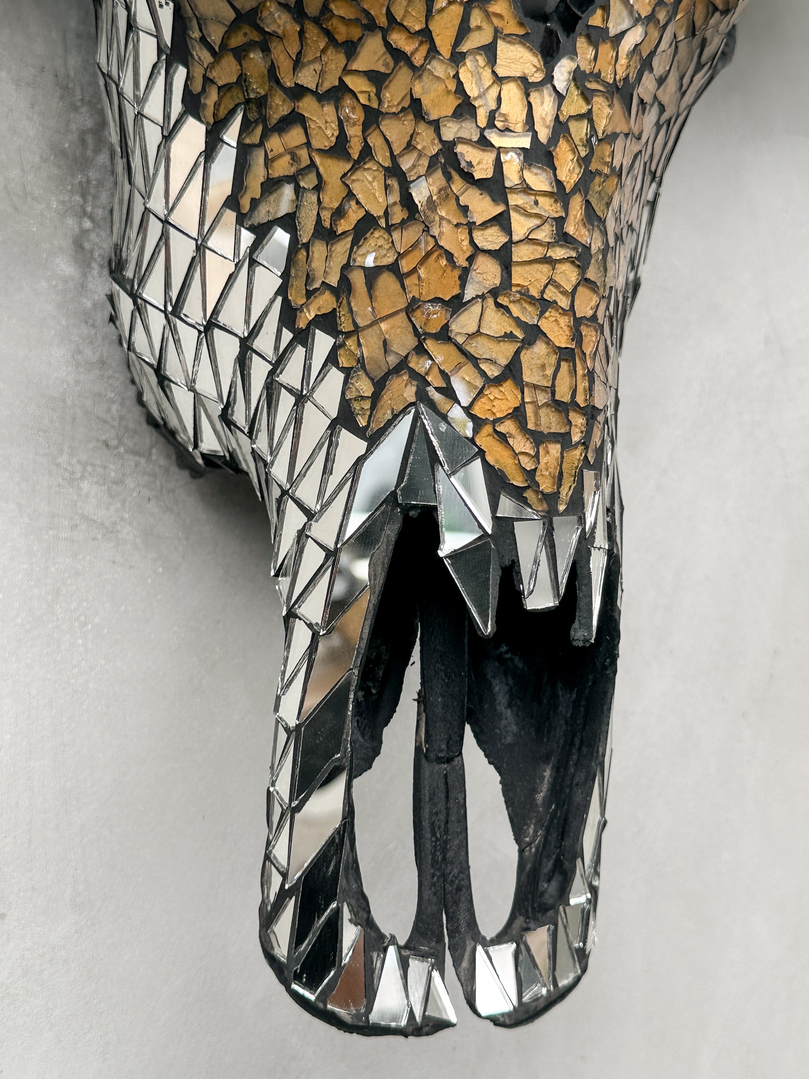 Black and Yellow Mosaic Buffalo Skull with Star – Horned Wall Art for Boho, Western, Luxe, or Eclectic Interior Decoration - Skull,A/135