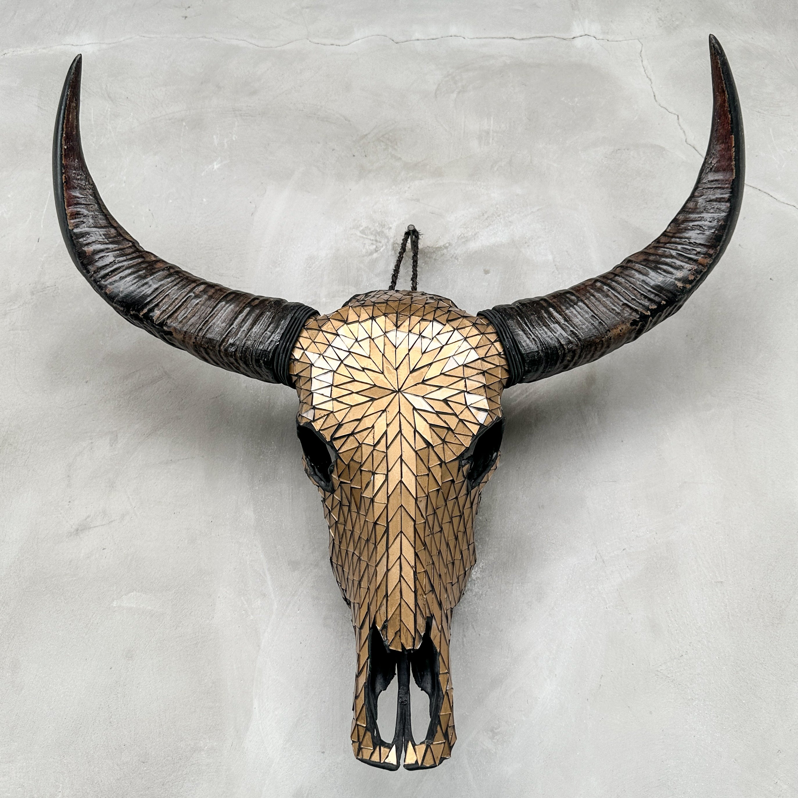 Gold Mosaic Buffalo Skull Wall Decor – Handmade Horned Skull for Boho, Luxe Western, or Modern Rustic Interiors - Skull,A/127