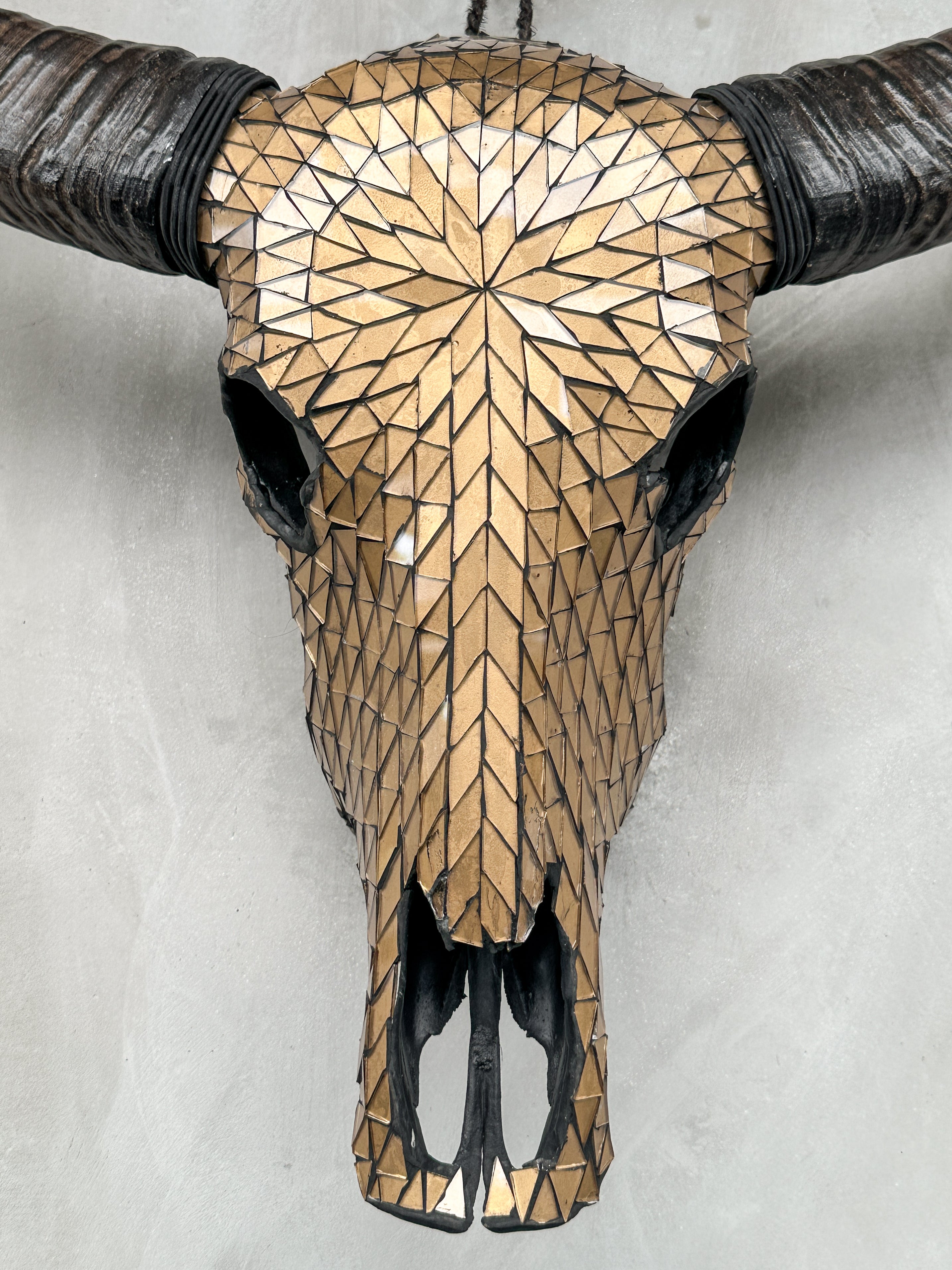 Gold Mosaic Buffalo Skull Wall Decor – Handmade Horned Skull for Boho, Luxe Western, or Modern Rustic Interiors - Skull,A/127