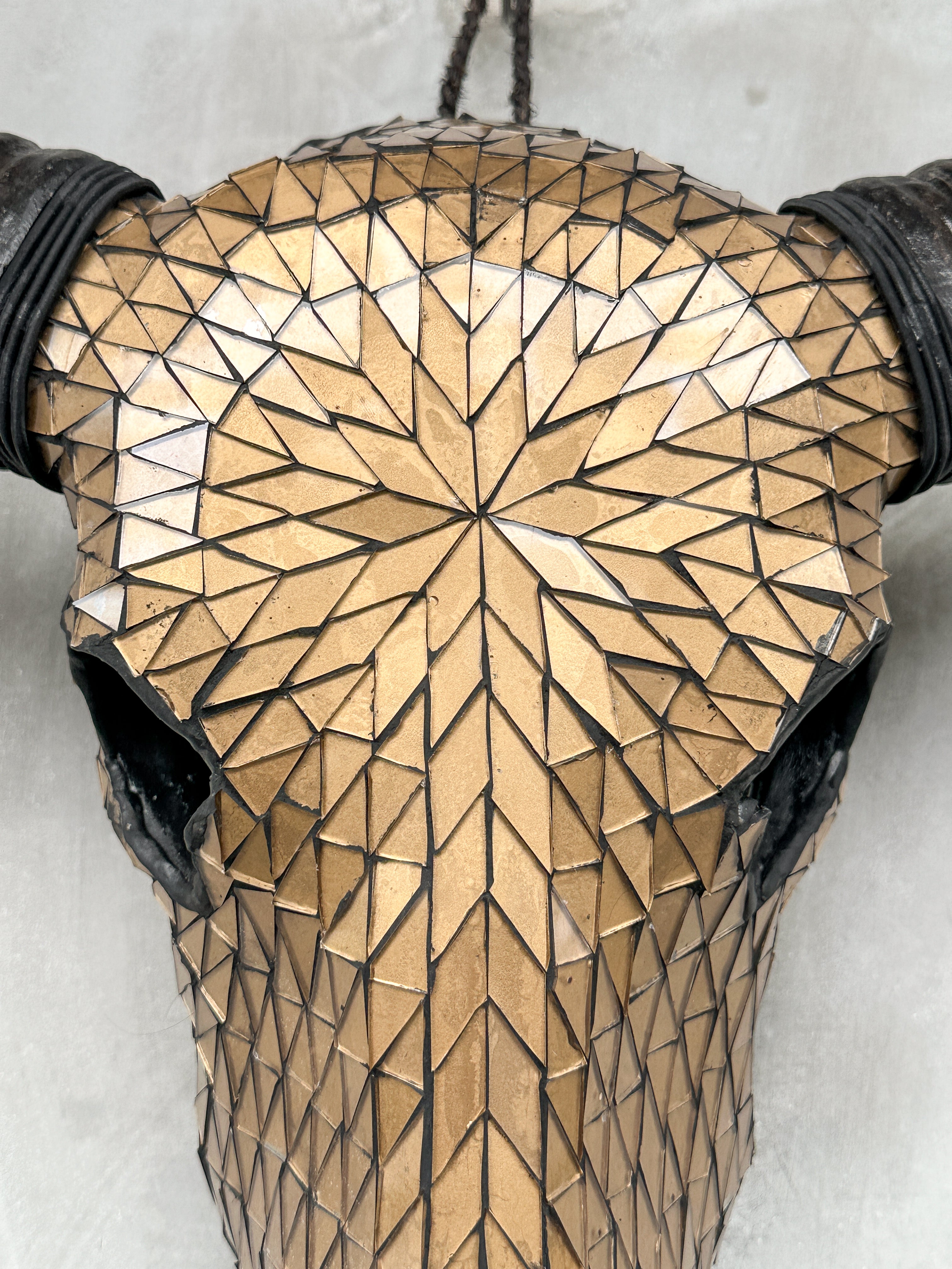 Gold Mosaic Buffalo Skull Wall Decor – Handmade Horned Skull for Boho, Luxe Western, or Modern Rustic Interiors - Skull,A/127