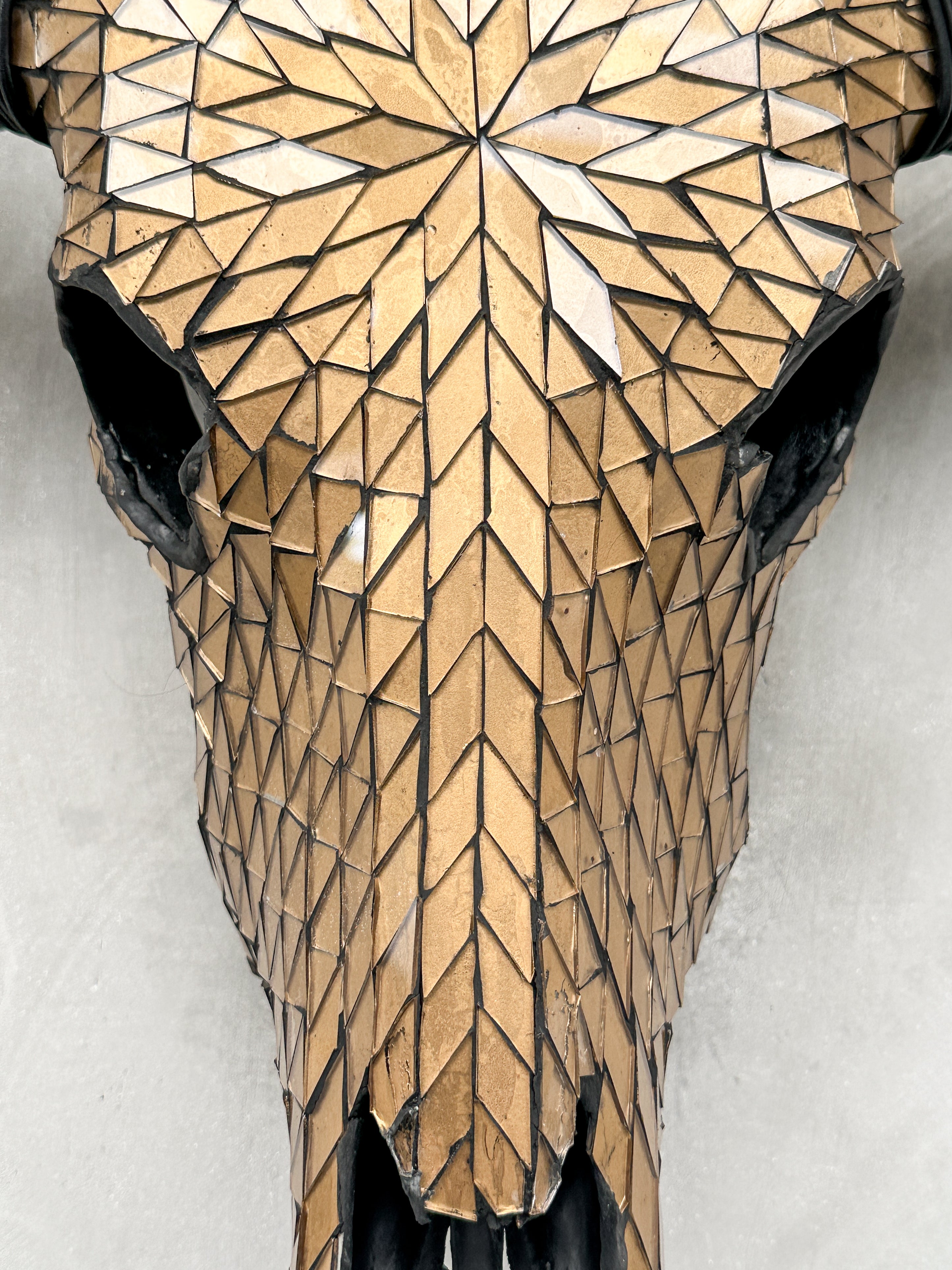 Gold Mosaic Buffalo Skull Wall Decor – Handmade Horned Skull for Boho, Luxe Western, or Modern Rustic Interiors - Skull,A/127