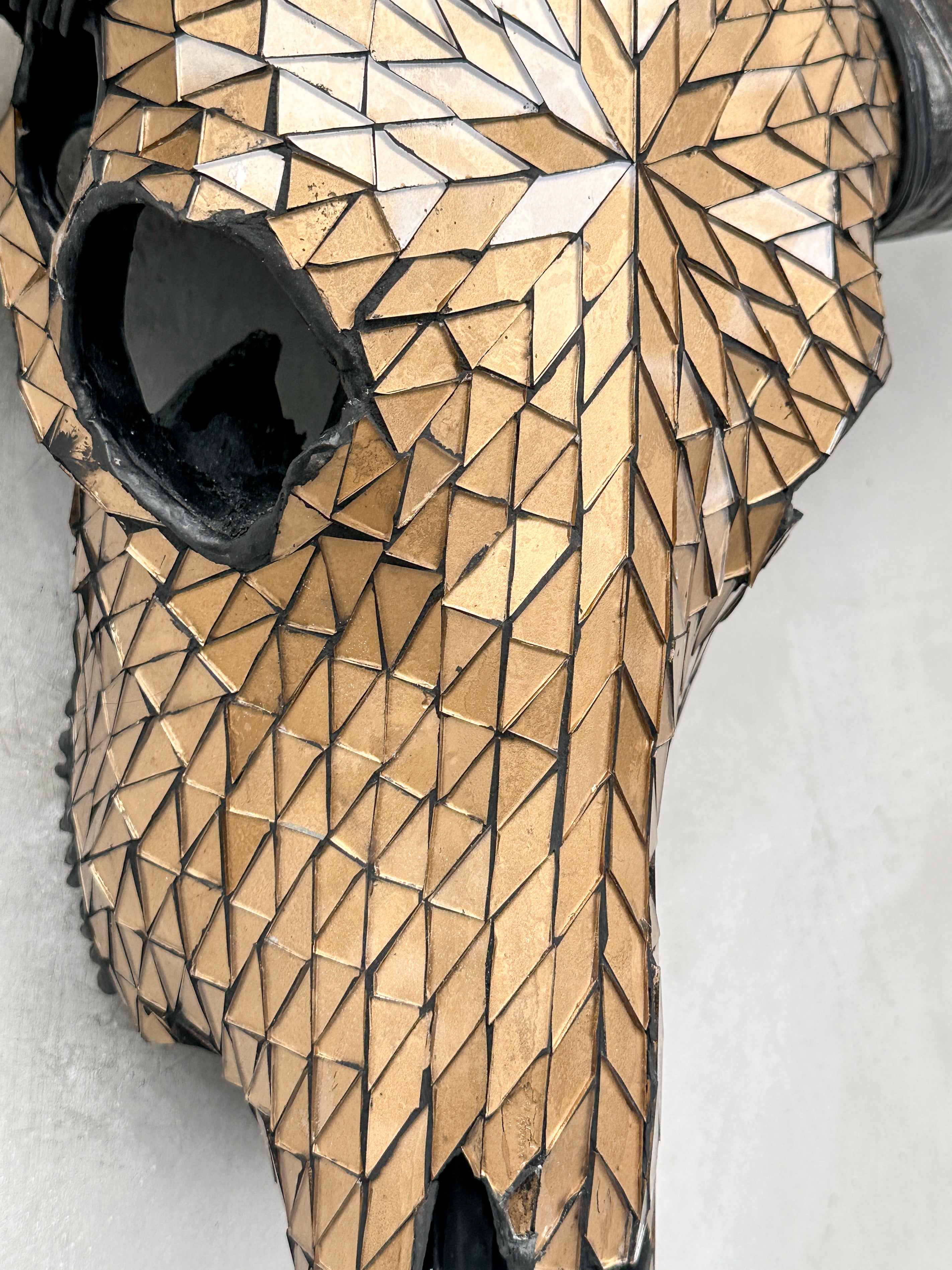 Gold Mosaic Buffalo Skull Wall Decor – Handmade Horned Skull for Boho, Luxe Western, or Modern Rustic Interiors - Skull,A/127