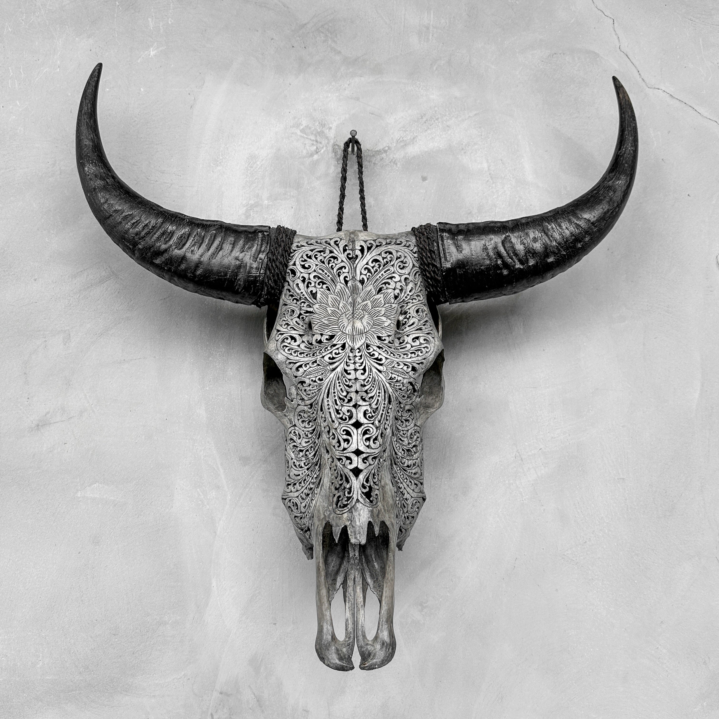 Grey Carved Buffalo Skull with Big Lotus Motif — Handcrafted Wall Art - Skull,A/104