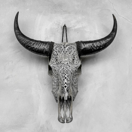 Grey Carved Buffalo Skull with Big Lotus Motif — Handcrafted Wall Art - Skull,A/104