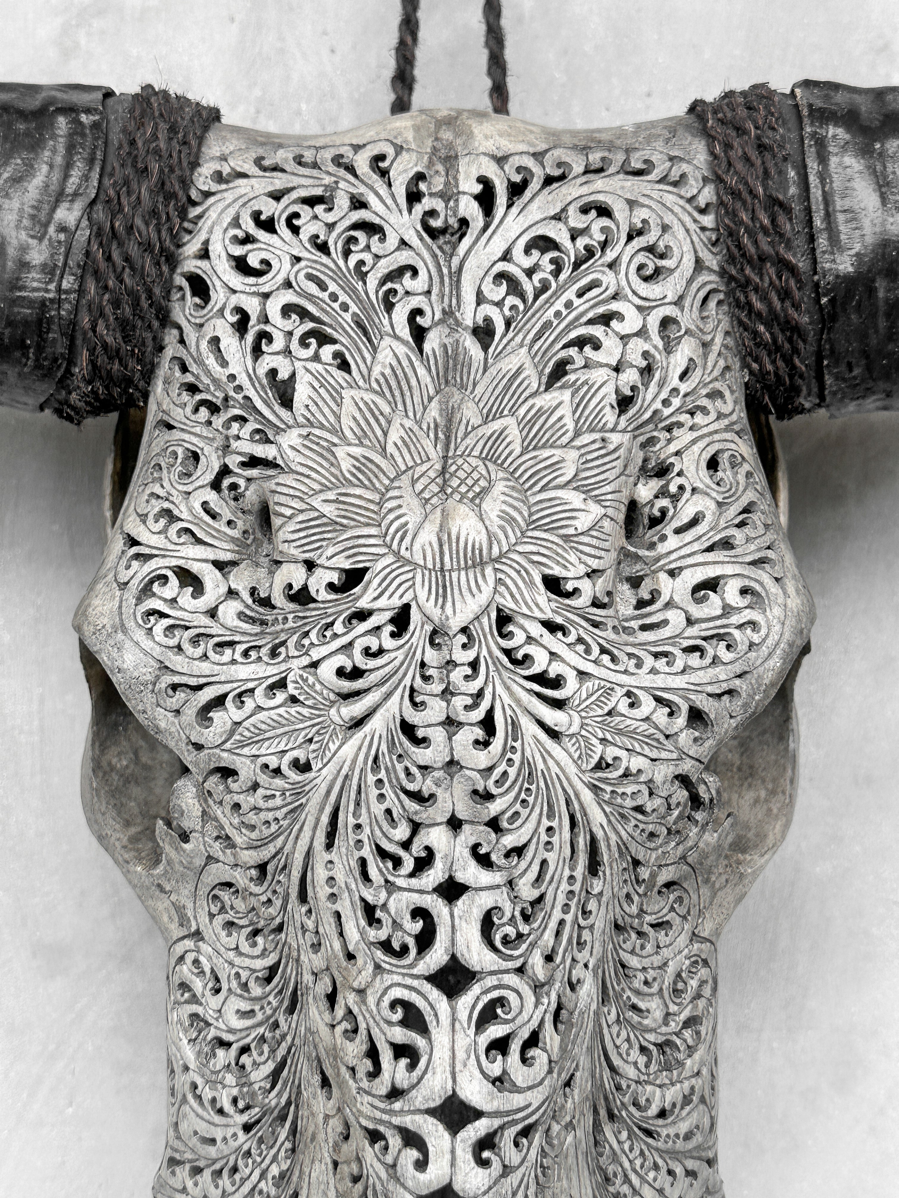 Grey Carved Buffalo Skull with Big Lotus Motif — Handcrafted Wall Art - Skull,A/104