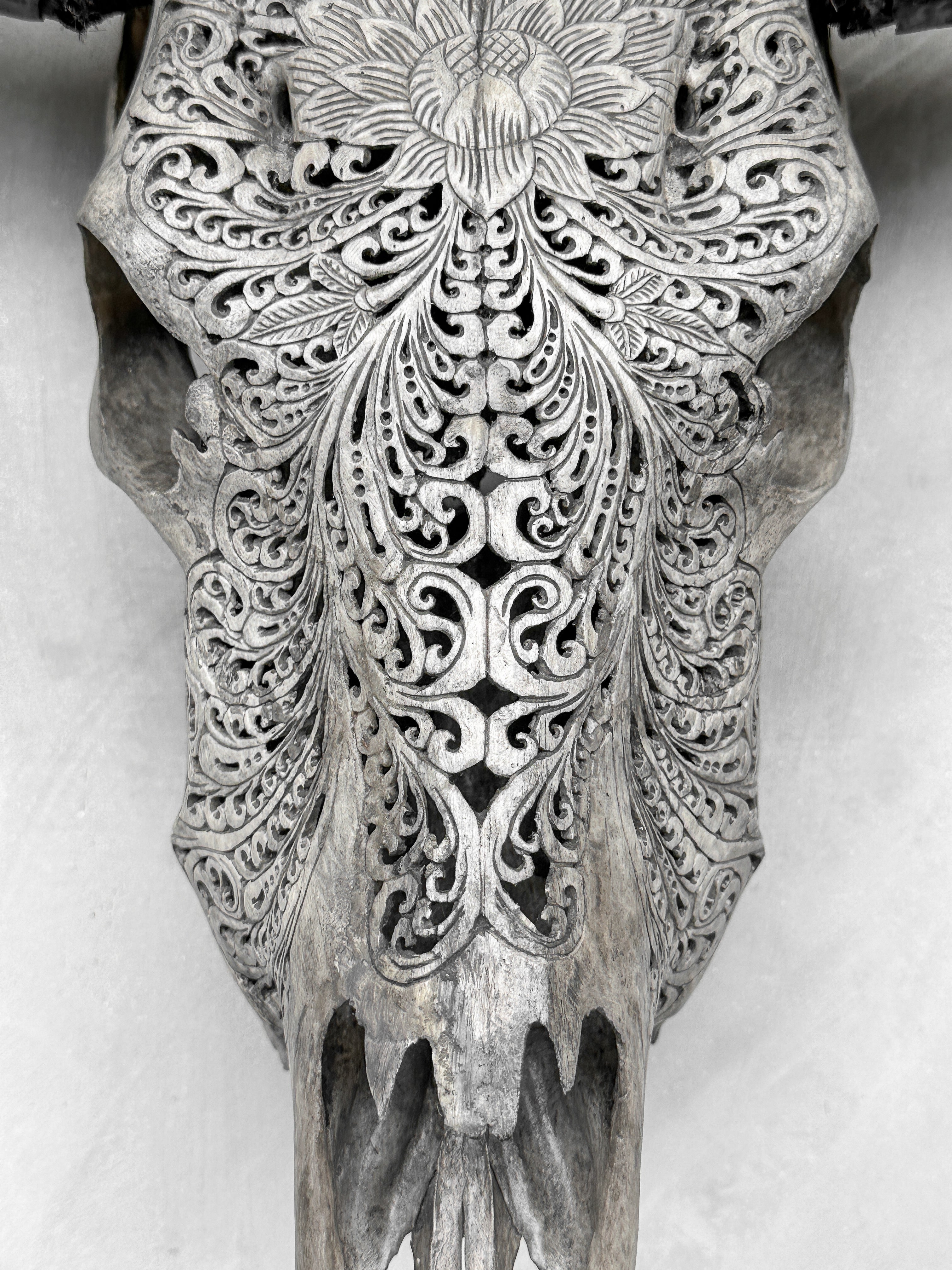 Grey Carved Buffalo Skull with Big Lotus Motif — Handcrafted Wall Art - Skull,A/104