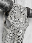 Grey Carved Buffalo Skull with Big Lotus Motif — Handcrafted Wall Art - Skull,A/104
