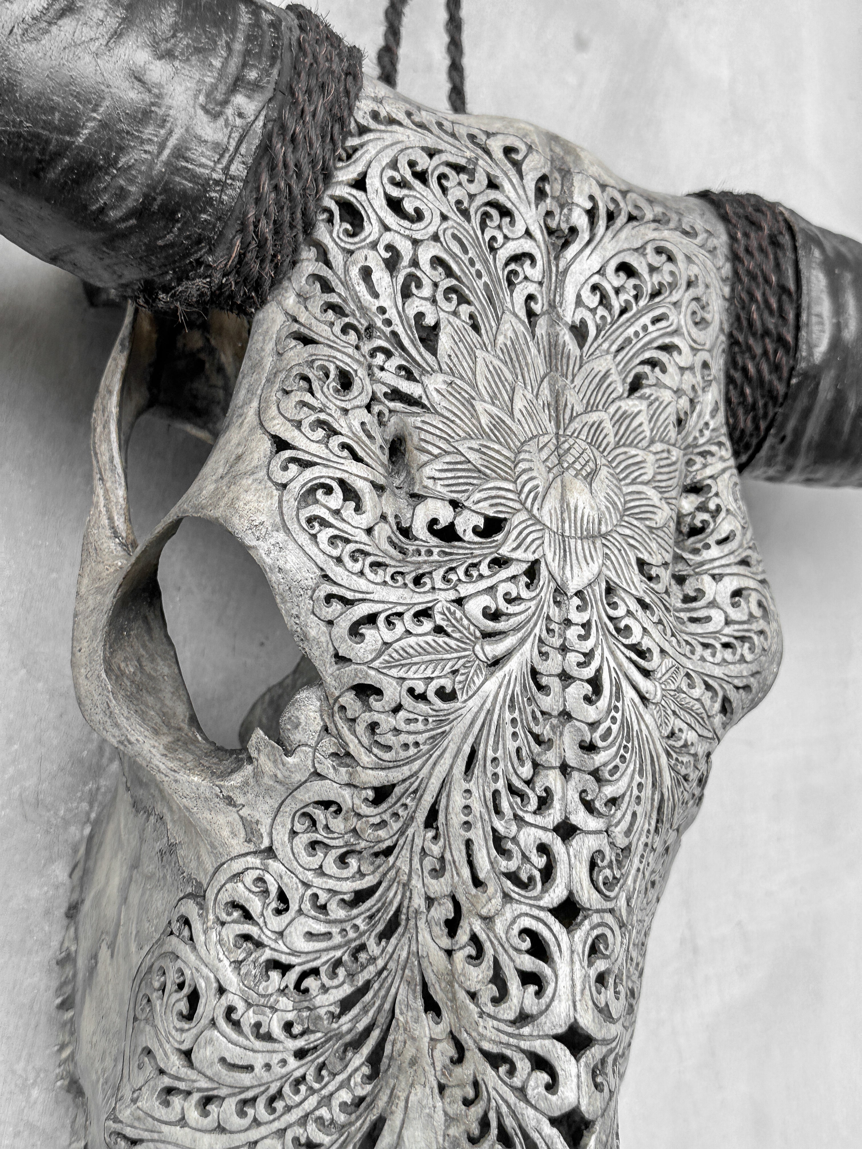 Grey Carved Buffalo Skull with Big Lotus Motif — Handcrafted Wall Art - Skull,A/104
