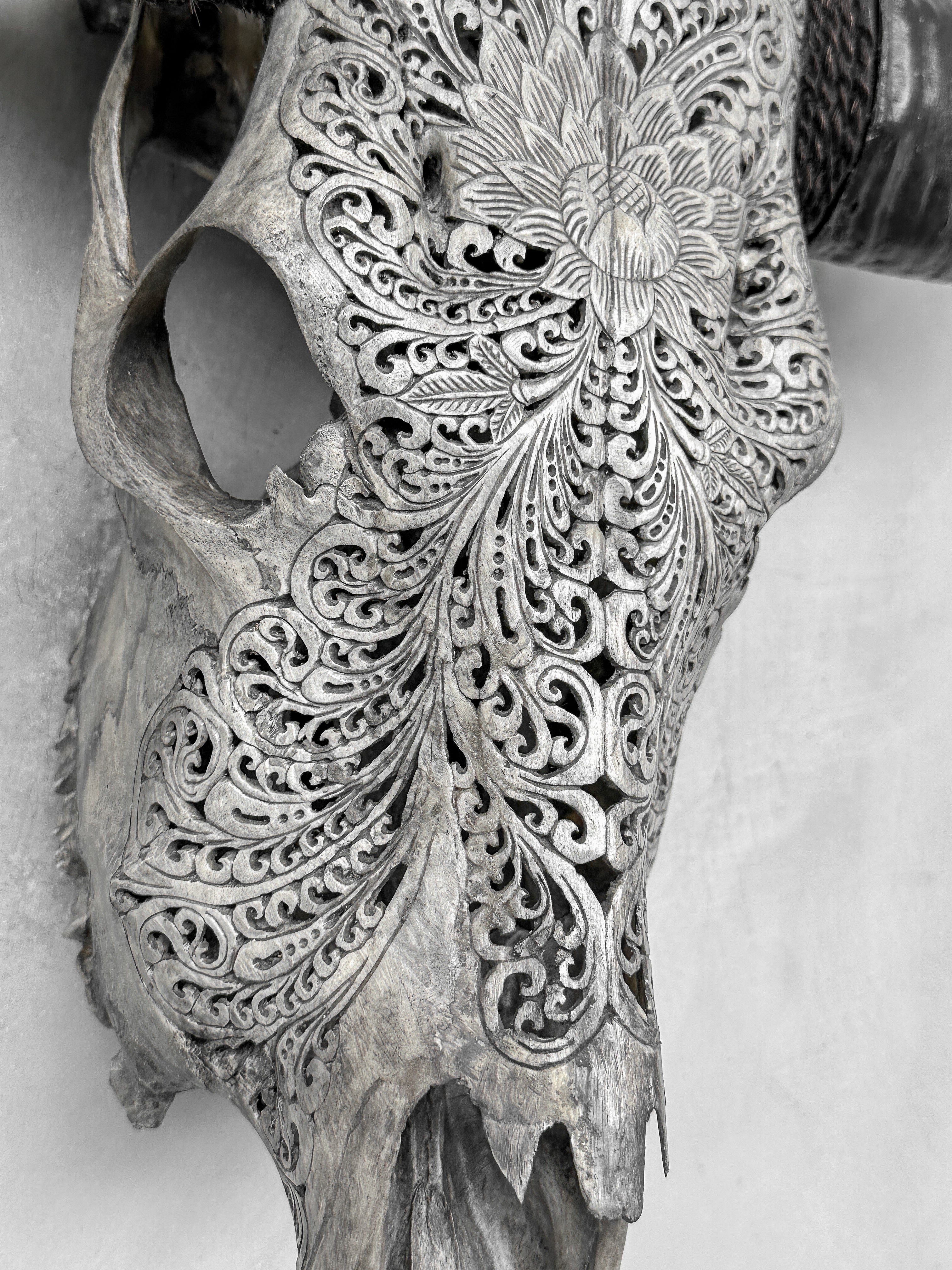 Grey Carved Buffalo Skull with Big Lotus Motif — Handcrafted Wall Art - Skull,A/104