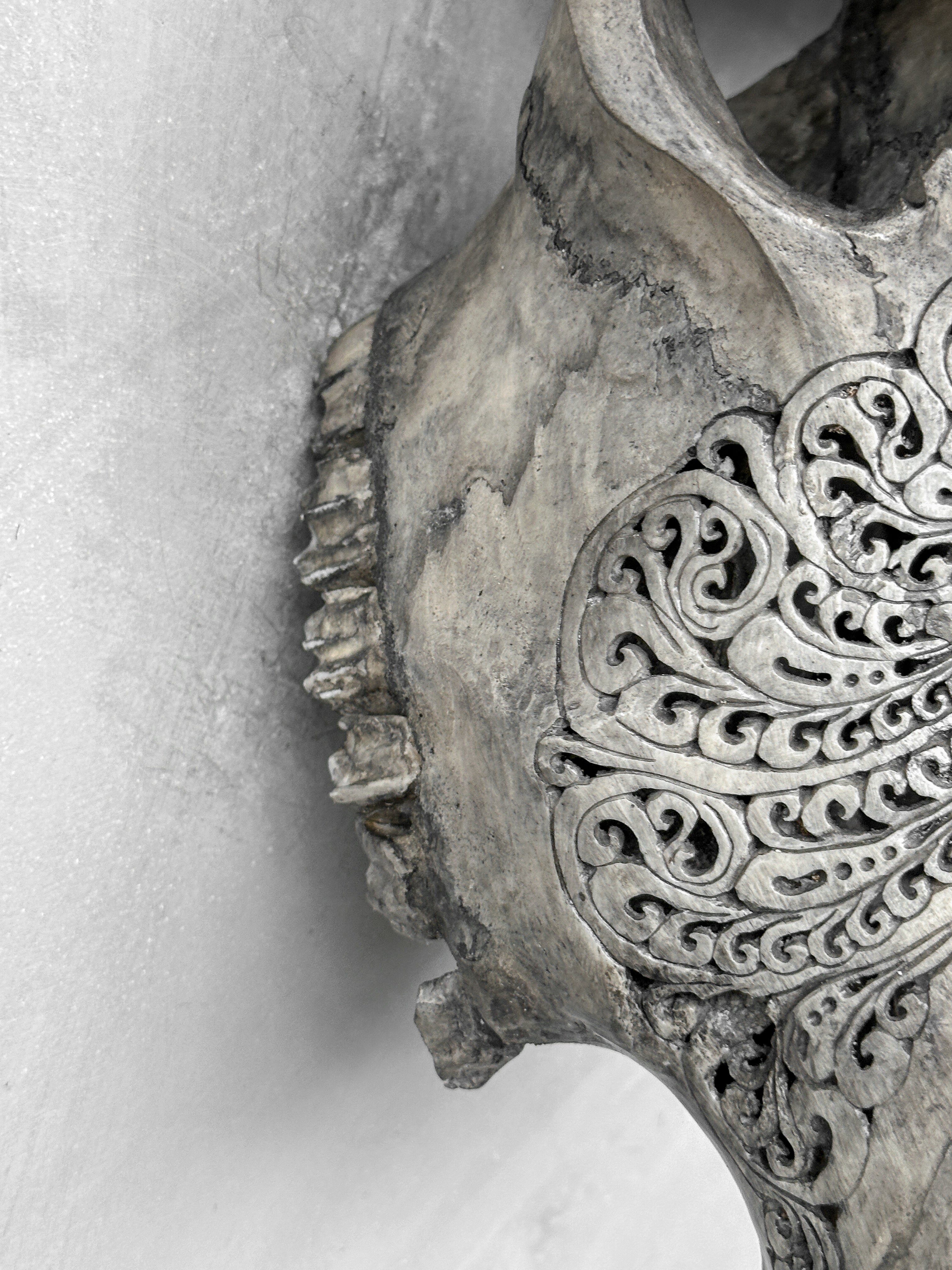 Grey Carved Buffalo Skull with Big Lotus Motif — Handcrafted Wall Art - Skull,A/104
