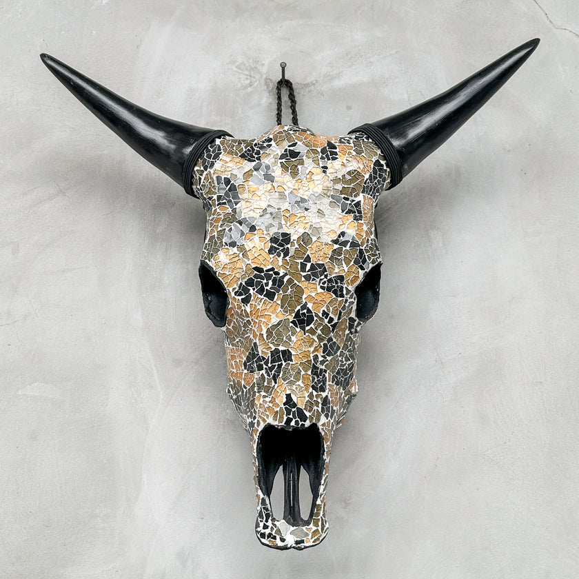 Gold Black Mosaic Cow Skull | Taxidermy Wall Art for Modern Boho or Western Decor