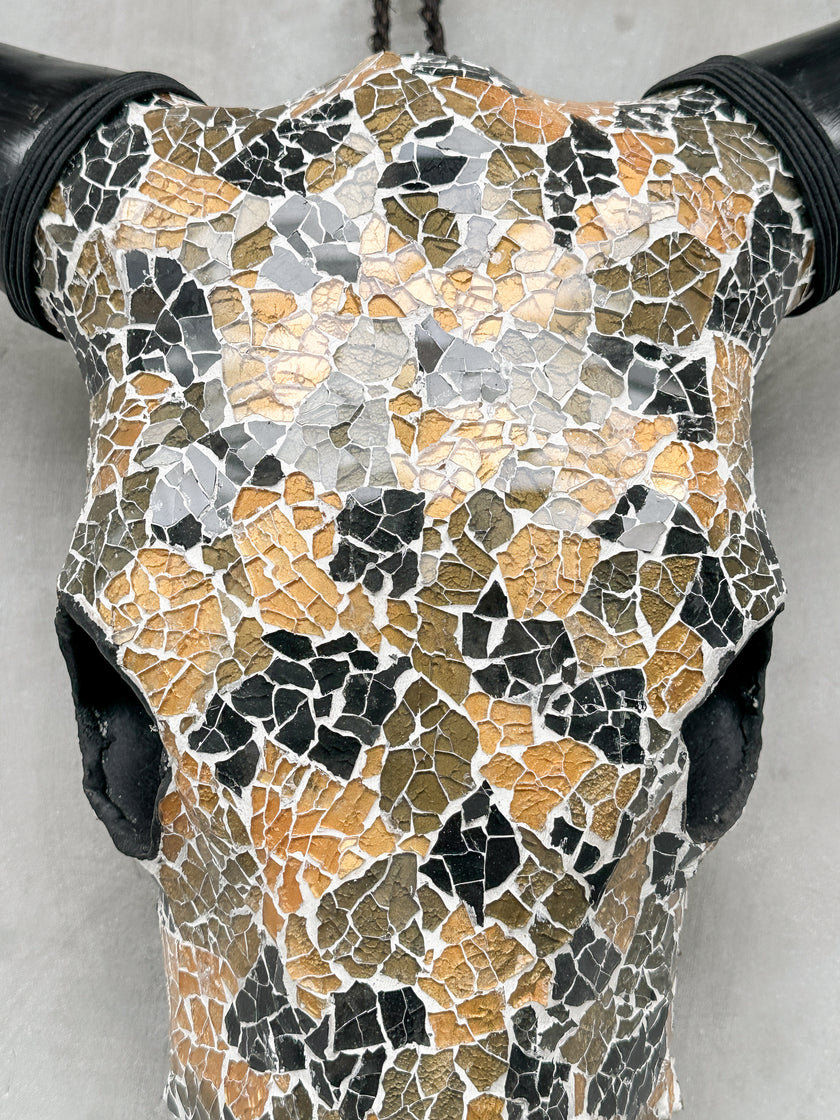 Gold Black Mosaic Cow Skull | Taxidermy Wall Art for Modern Boho or Western Decor