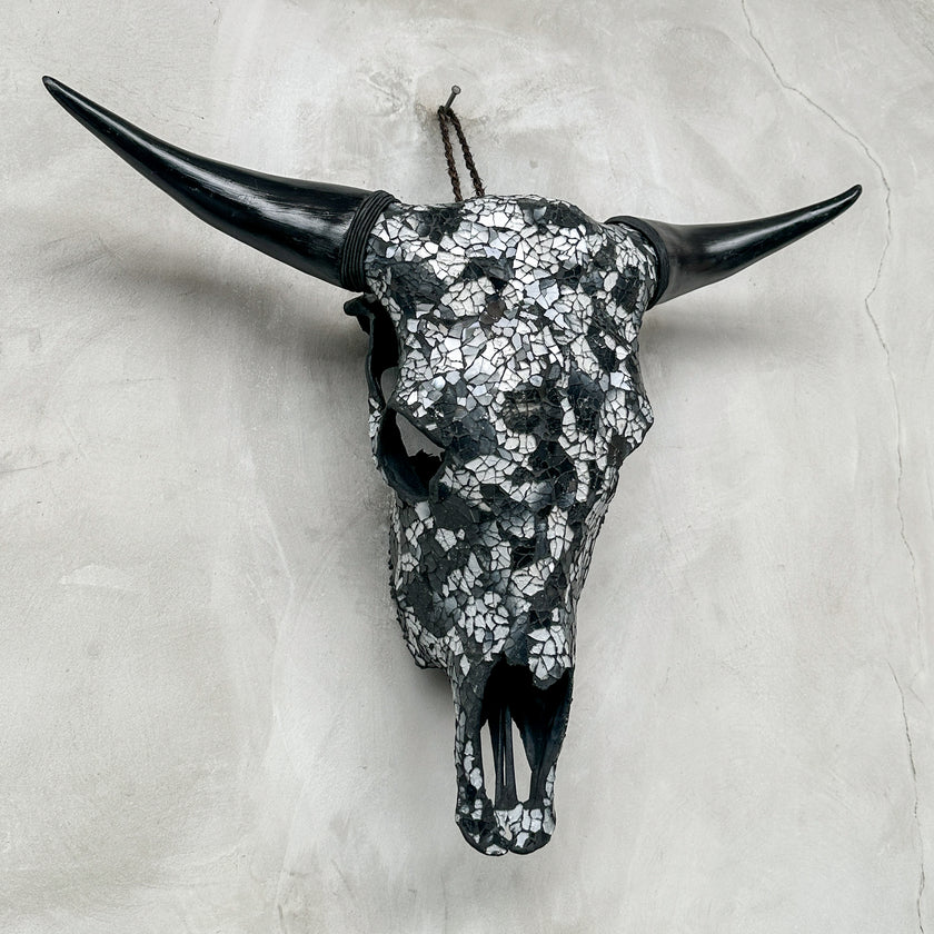 Black & Silver Mosaic Cow Skull | Taxidermy Wall Art for Modern Boho or Western Decor
