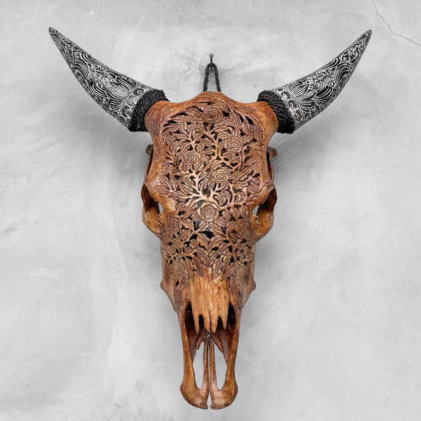 Fully carved cow skulls with Rose Carving Skull,A/086