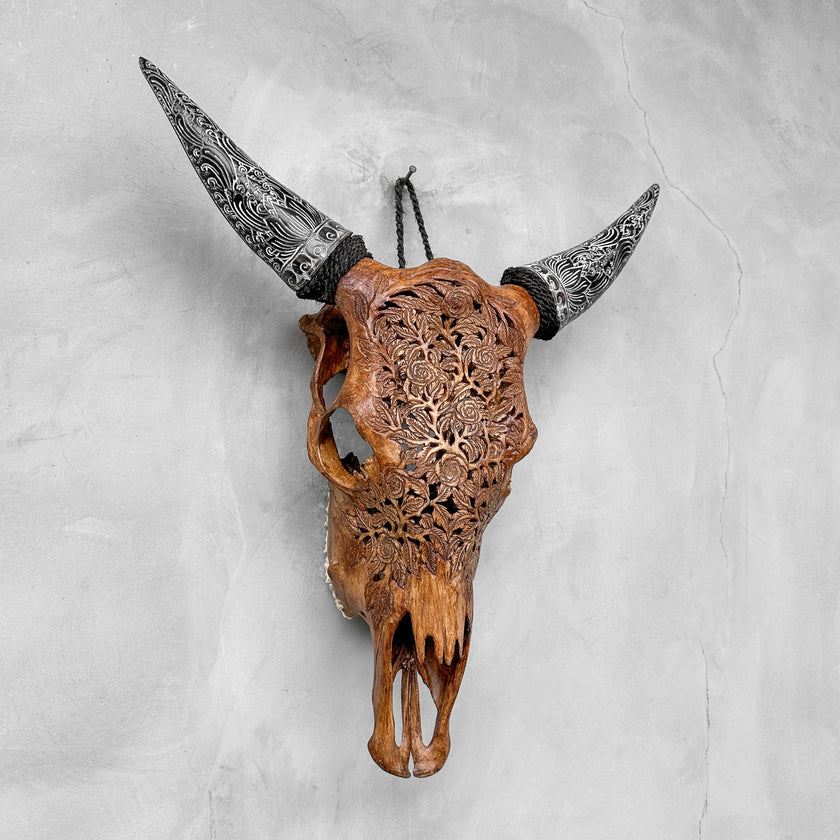 Fully carved cow skulls with Rose Carving Skull,A/086