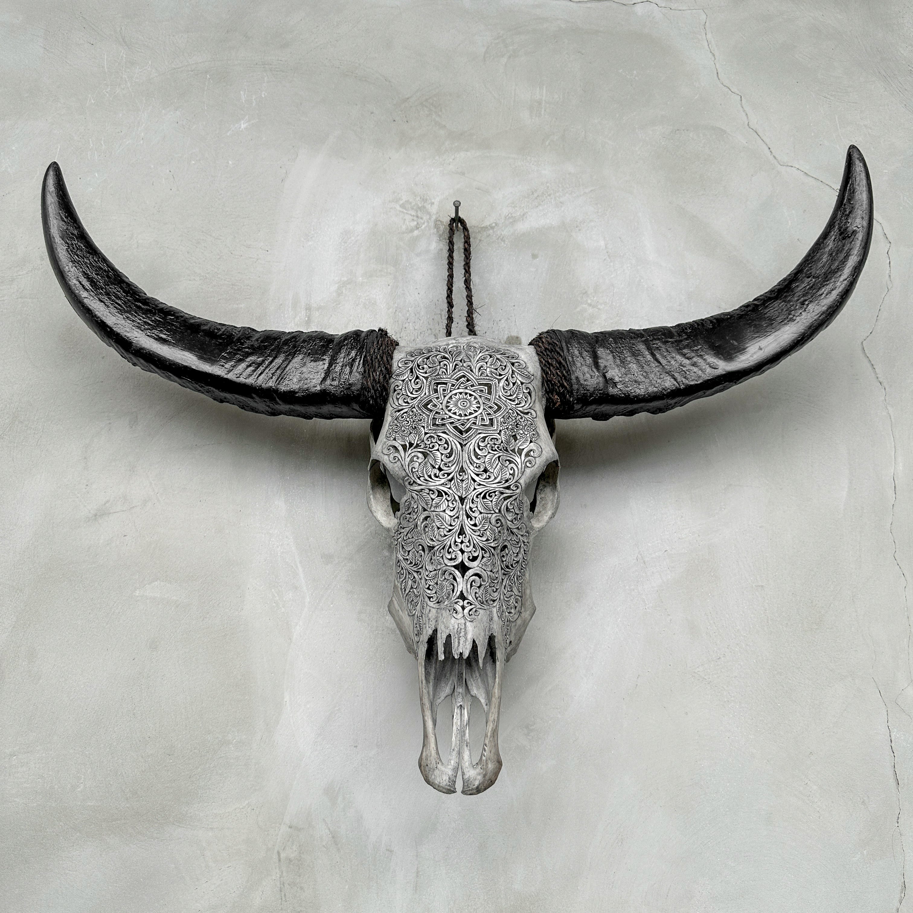 Grey Carved Buffalo Skull with Star Mandala Motif — Handmade Wall Decor - Skull,A/107