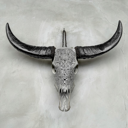 Grey Carved Buffalo Skull with Star Mandala Motif — Handmade Wall Decor - Skull,A/107