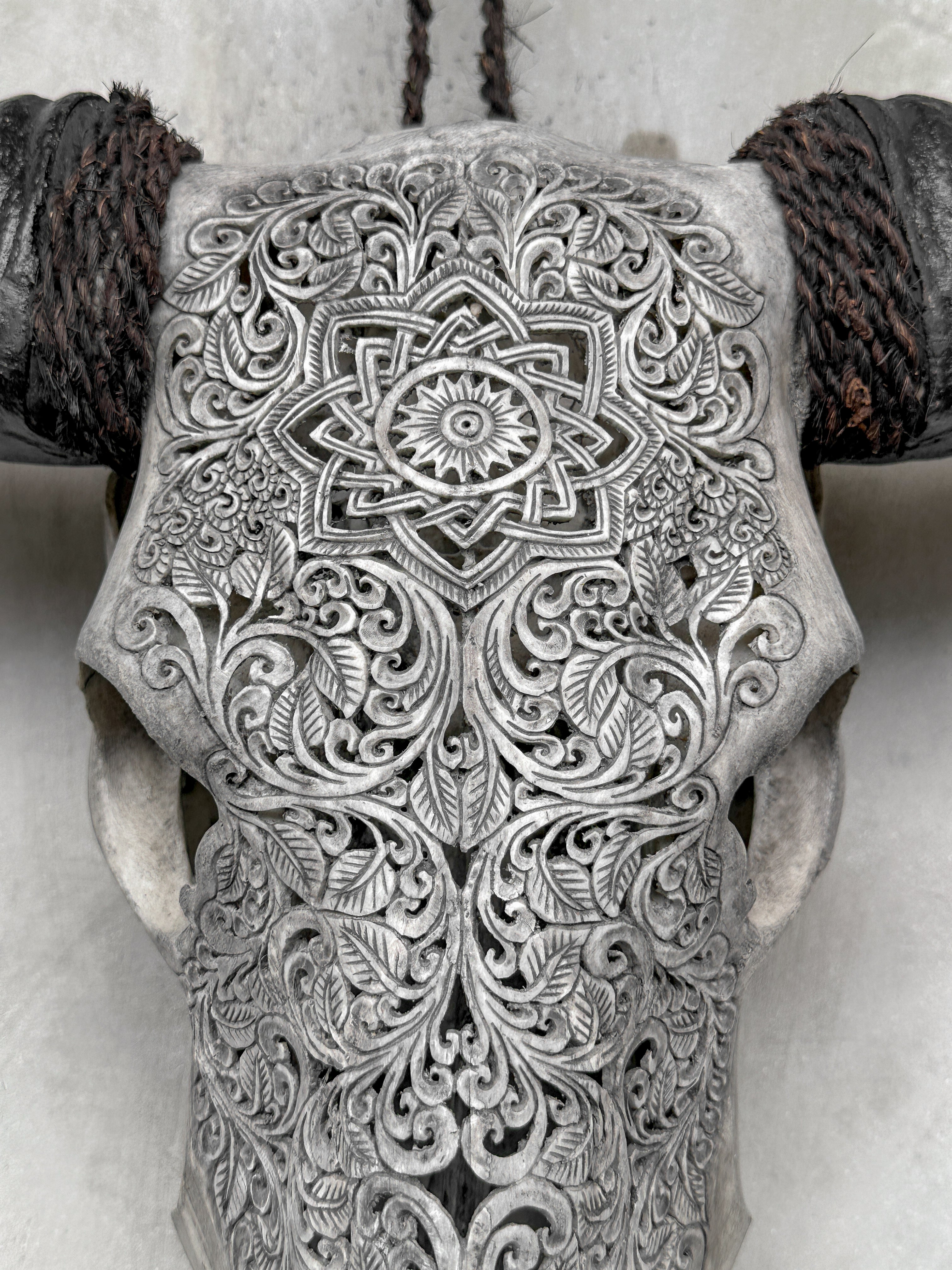 Grey Carved Buffalo Skull with Star Mandala Motif — Handmade Wall Decor - Skull,A/107