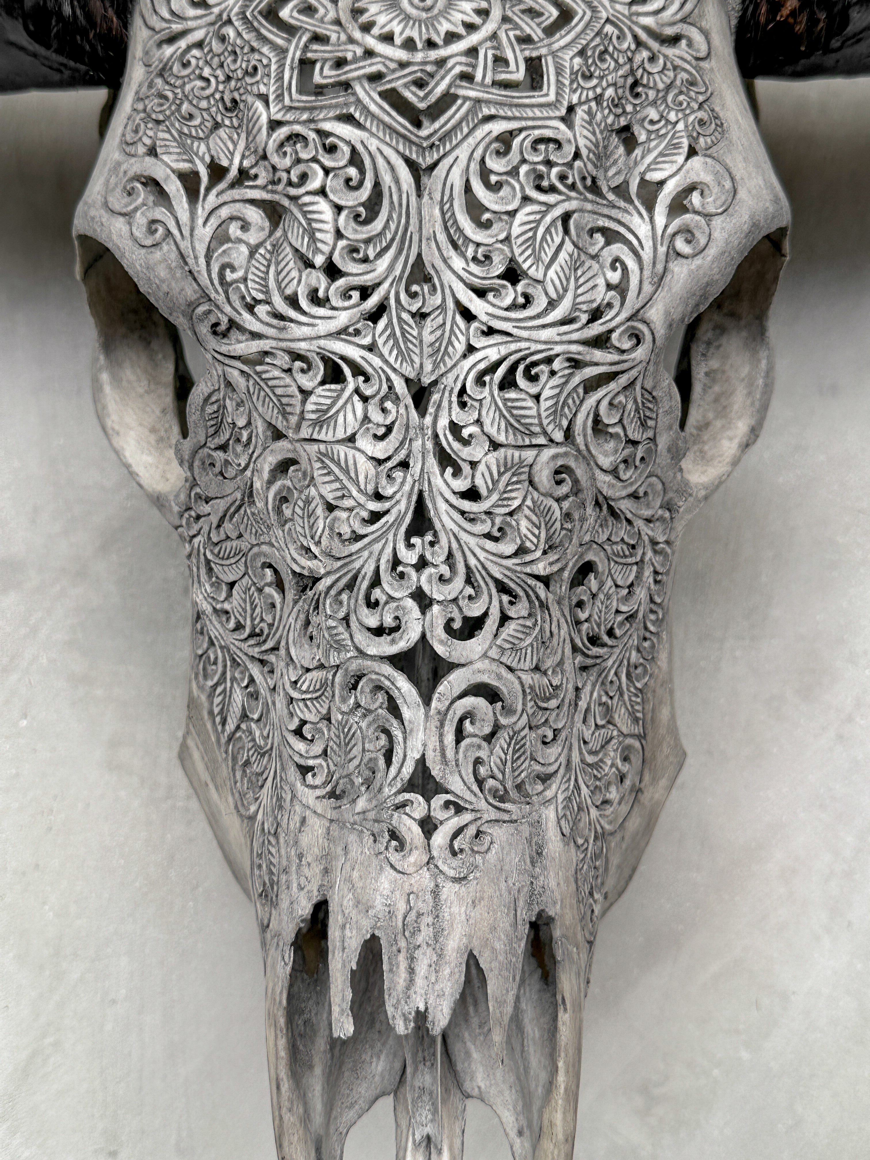 Grey Carved Buffalo Skull with Star Mandala Motif — Handmade Wall Decor - Skull,A/107