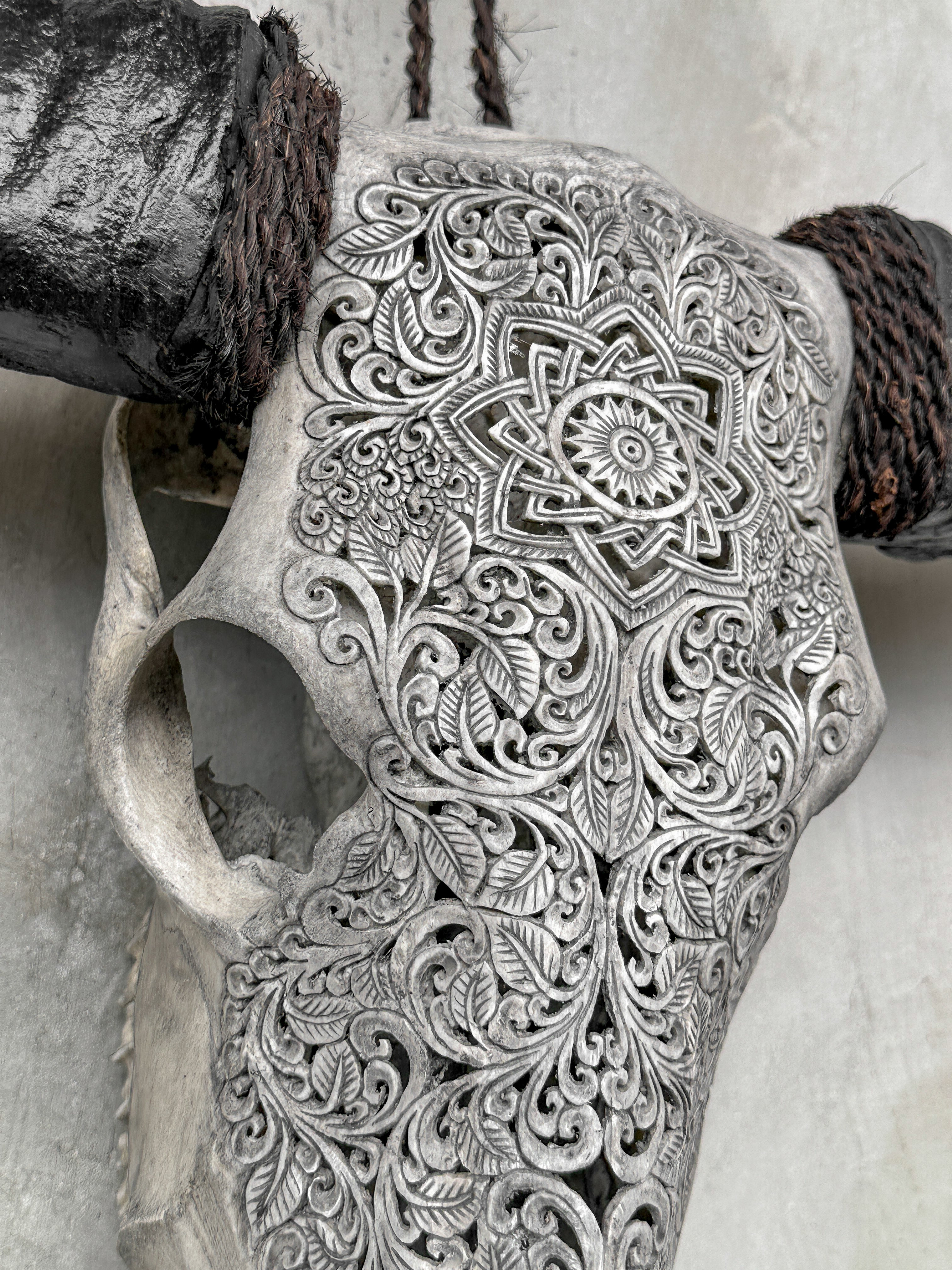 Grey Carved Buffalo Skull with Star Mandala Motif — Handmade Wall Decor - Skull,A/107
