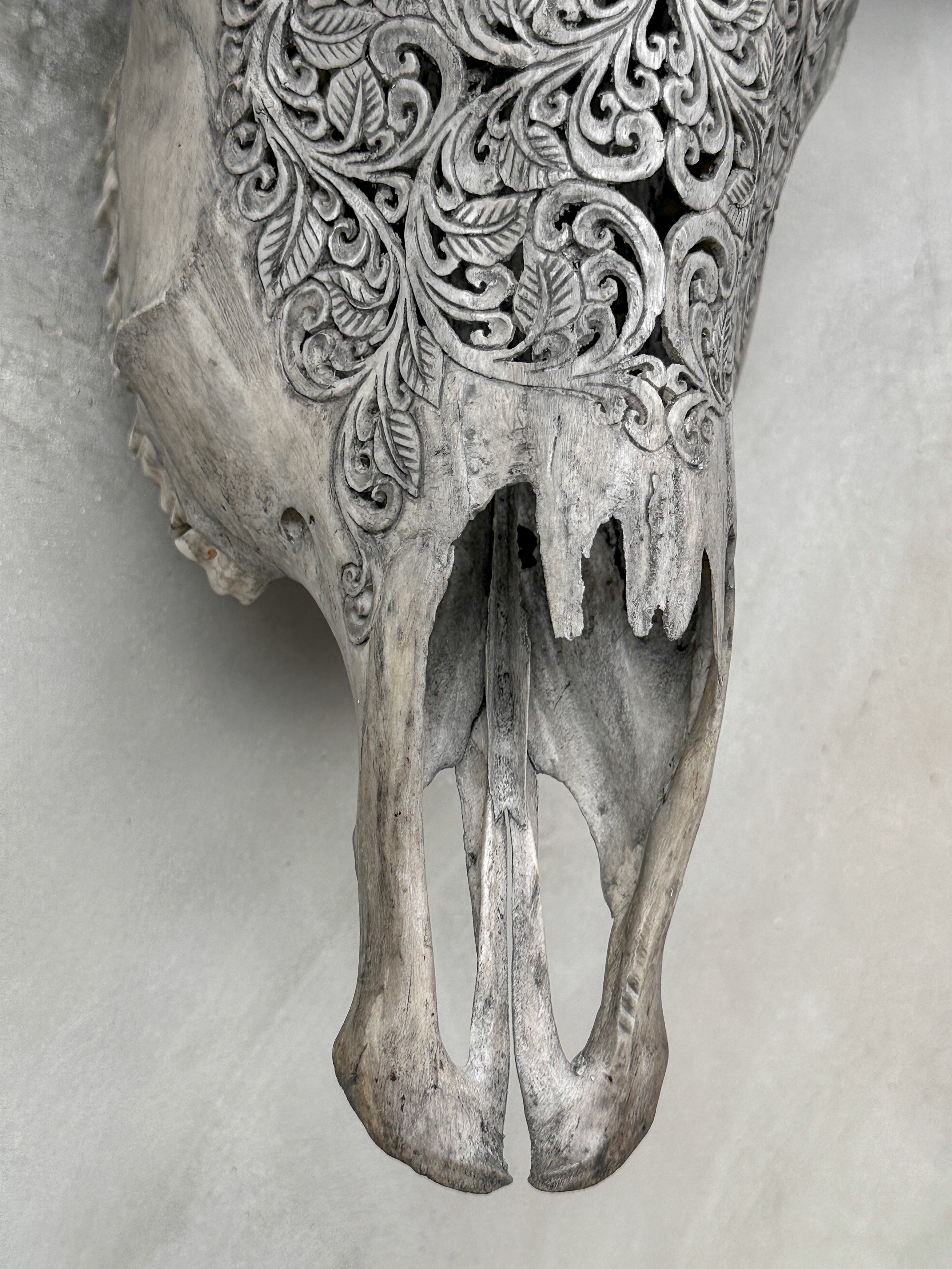 Grey Carved Buffalo Skull with Star Mandala Motif — Handmade Wall Decor - Skull,A/107