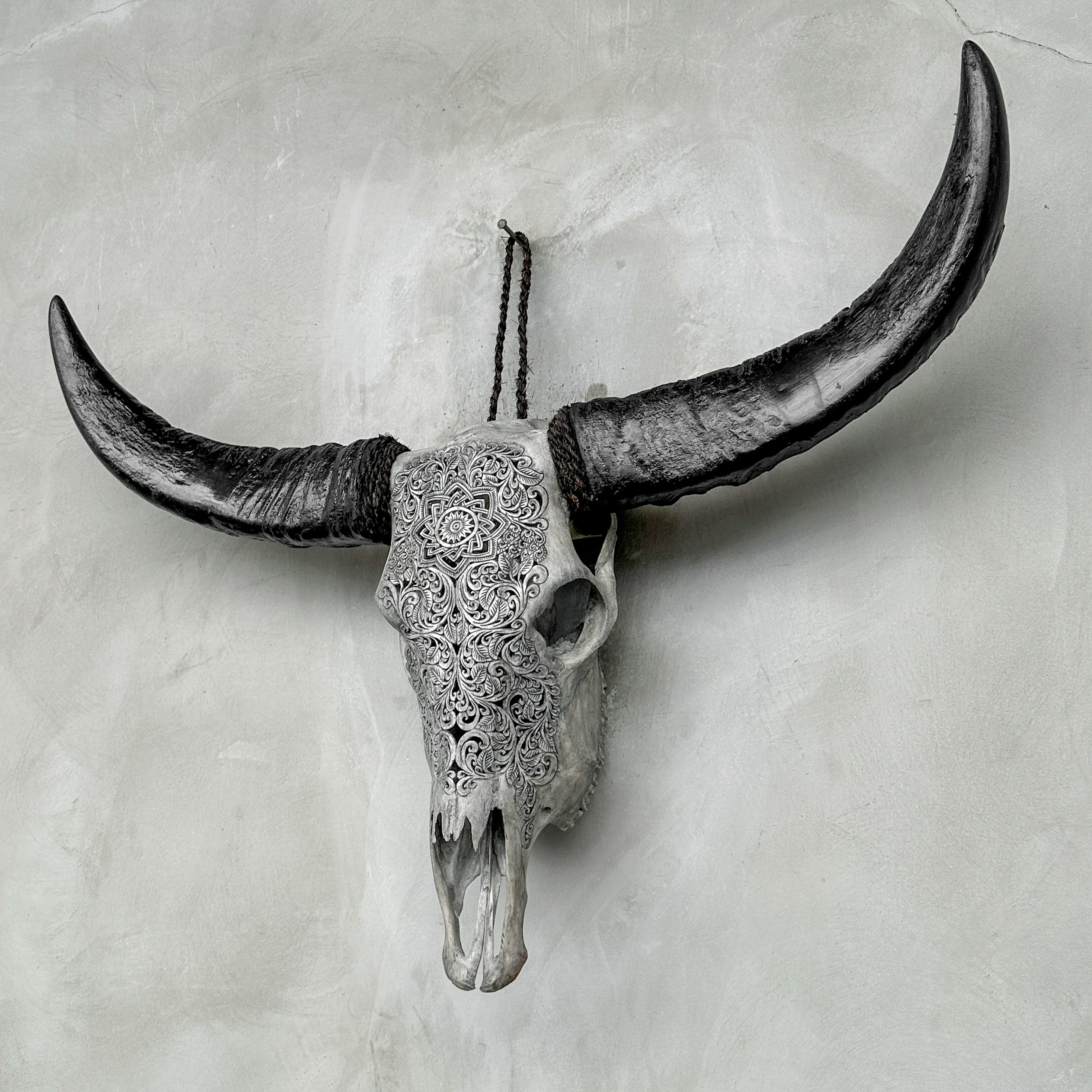 Grey Carved Buffalo Skull with Star Mandala Motif — Handmade Wall Decor - Skull,A/107
