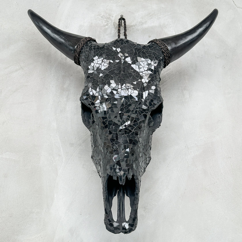 Black Mosaic Cow Skull | Taxidermy Wall Art for Modern Boho or Western Decor