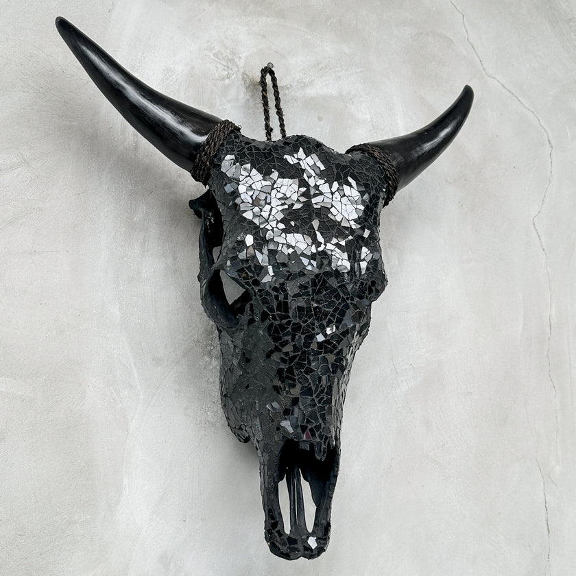 Black Mosaic Cow Skull | Taxidermy Wall Art for Modern Boho or Western Decor
