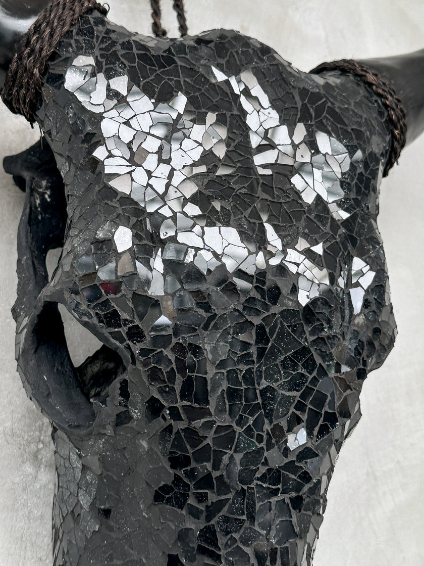 Black Mosaic Cow Skull | Taxidermy Wall Art for Modern Boho or Western Decor