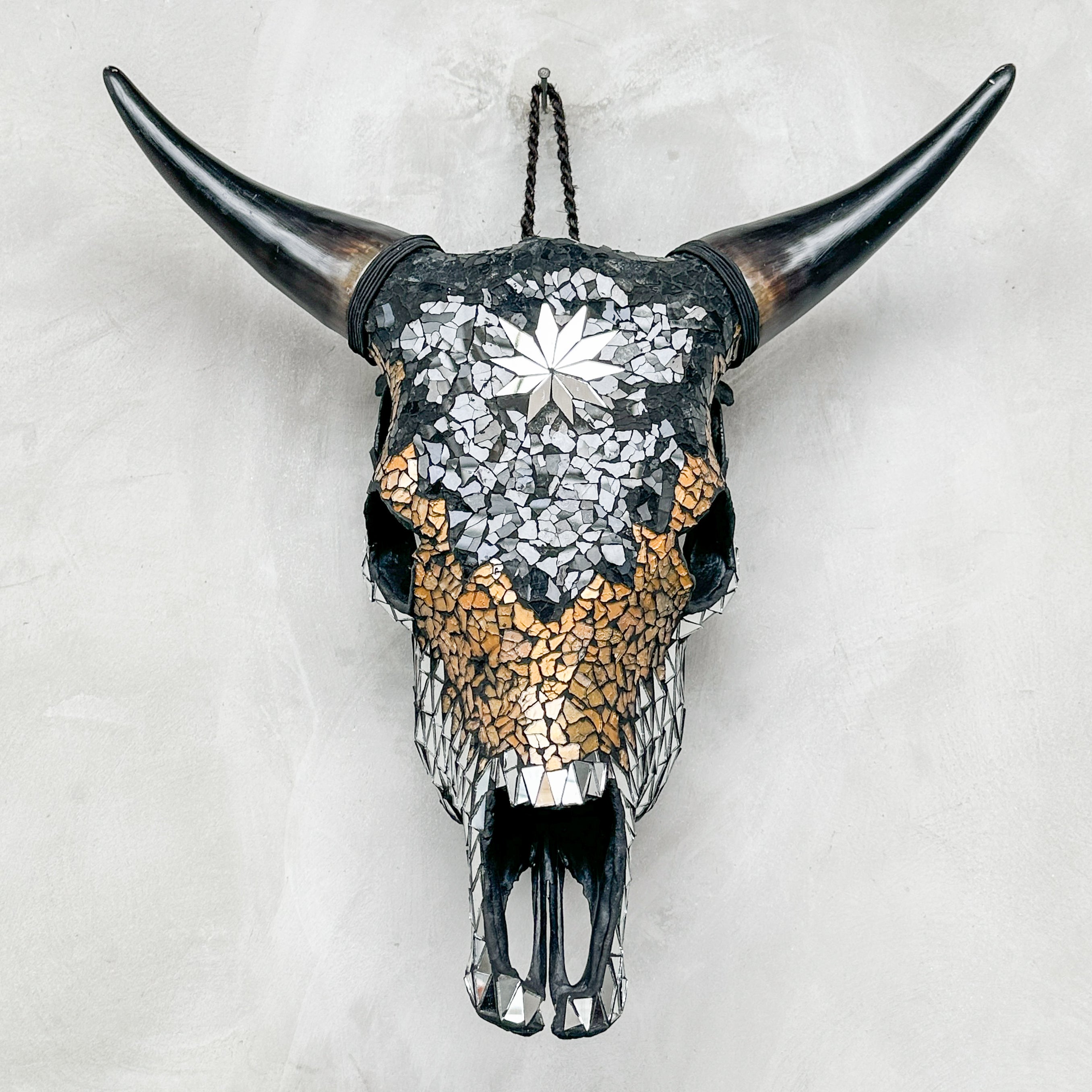 Star Mosaic Cow Skull – Gold, Black & Silver Wall Decor with Glossy Horns for Boho, Eclectic, or Modern Interiors - Skull,A/120