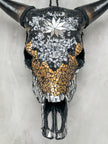 Star Mosaic Cow Skull – Gold, Black & Silver Wall Decor with Glossy Horns for Boho, Eclectic, or Modern Interiors - Skull,A/120
