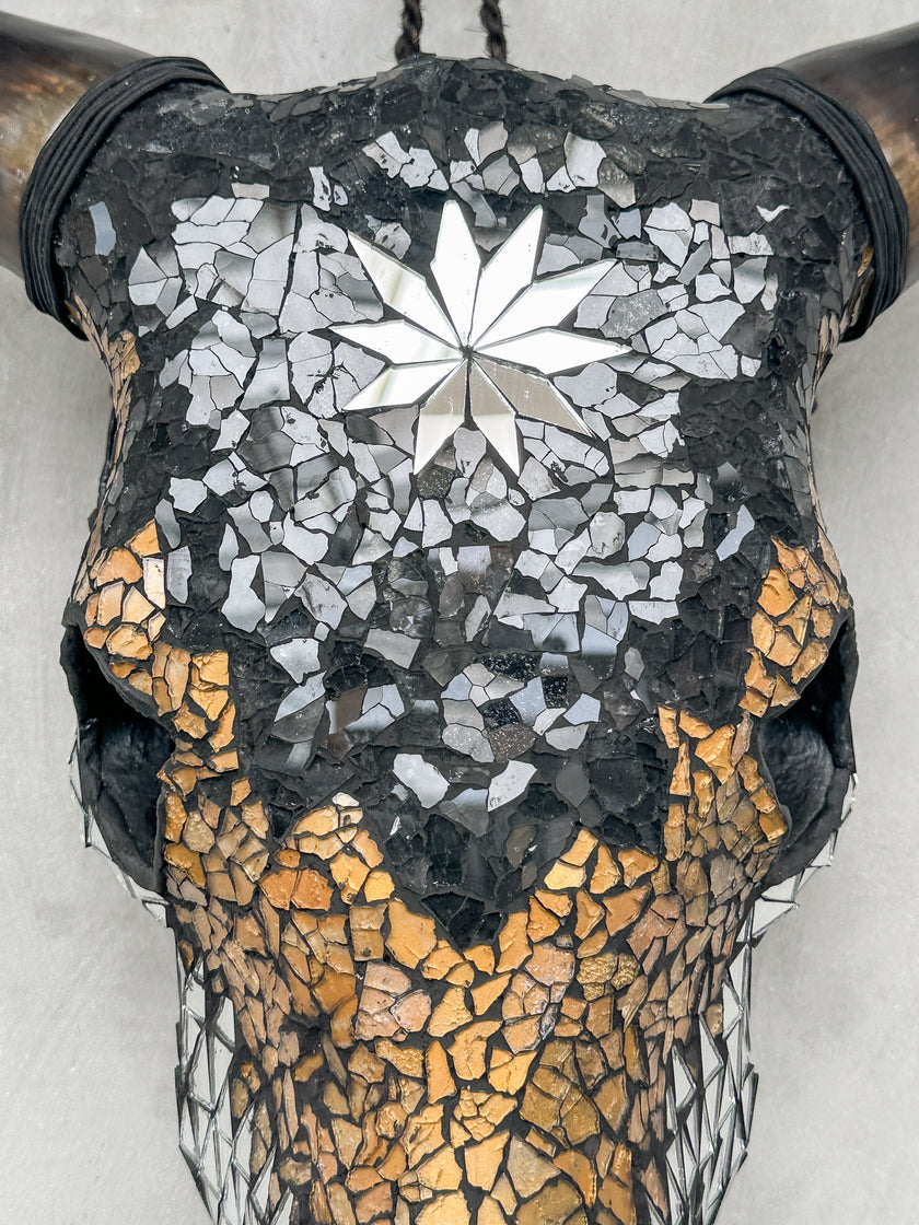 Star Gold Black Silver Mosaic Cow Skull | Taxidermy Wall Art for Modern Boho or Western Decor