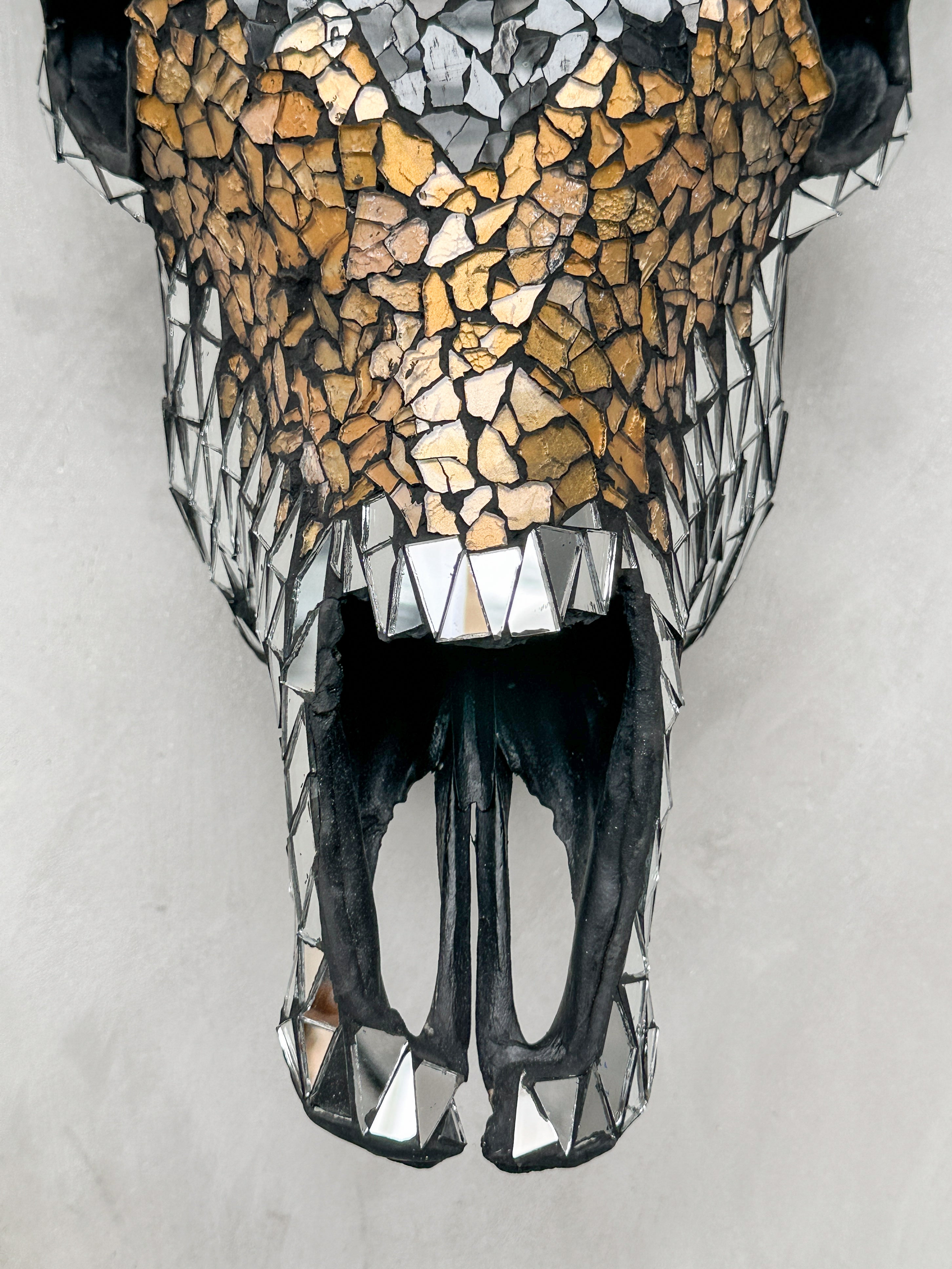 Star Mosaic Cow Skull – Gold, Black & Silver Wall Decor with Glossy Horns for Boho, Eclectic, or Modern Interiors - Skull,A/120