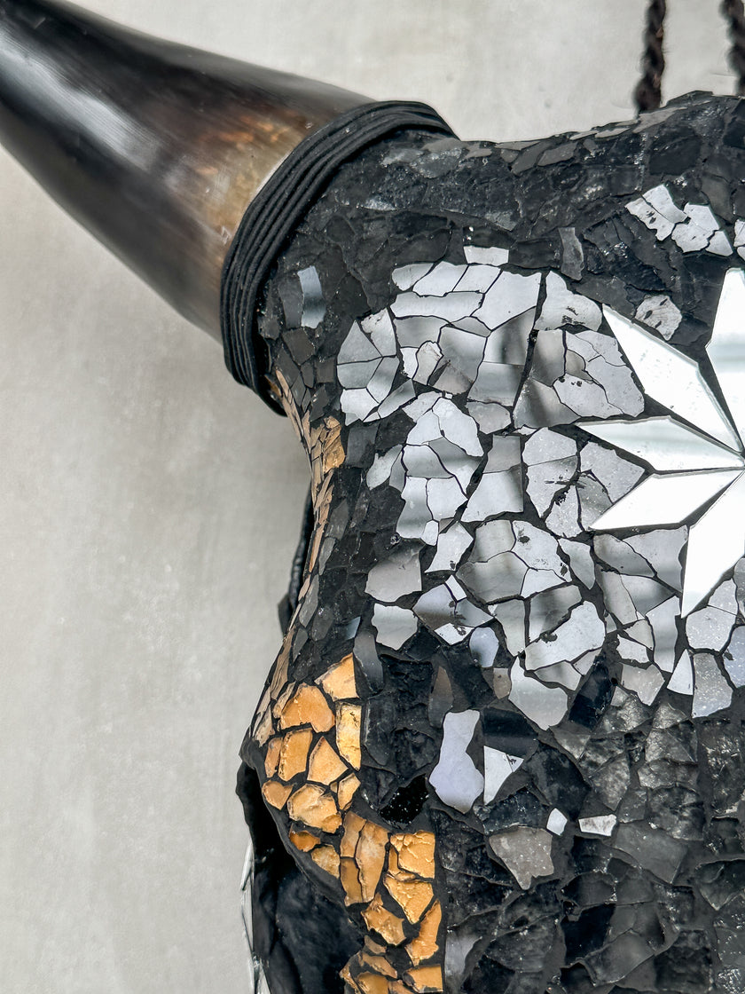 Star Gold Black Silver Mosaic Cow Skull | Taxidermy Wall Art for Modern Boho or Western Decor
