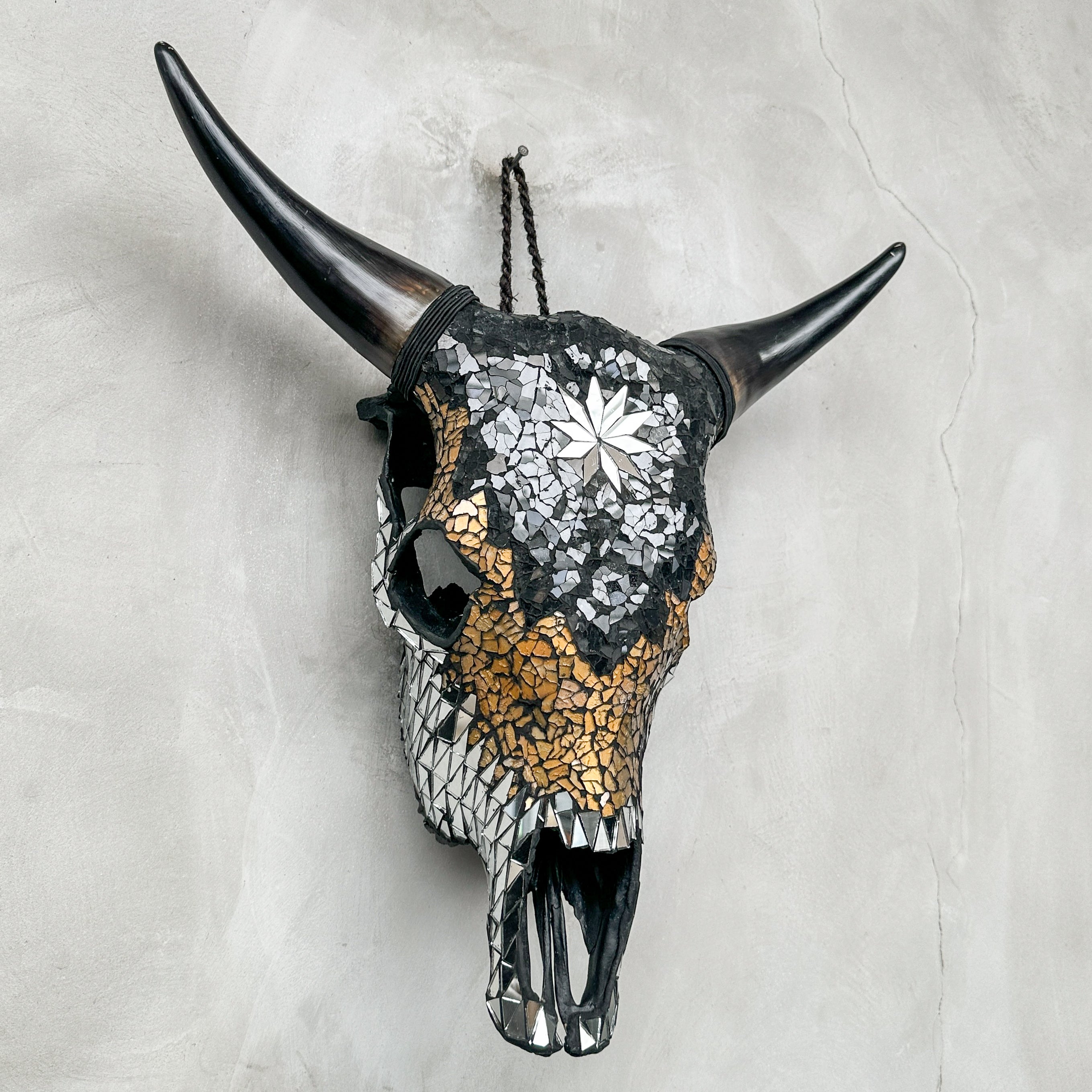 Star Mosaic Cow Skull – Gold, Black & Silver Wall Decor with Glossy Horns for Boho, Eclectic, or Modern Interiors - Skull,A/120