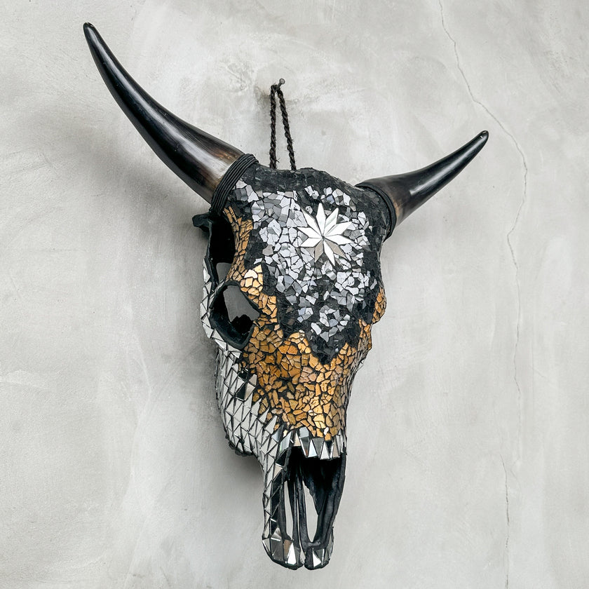 Star Gold Black Silver Mosaic Cow Skull | Taxidermy Wall Art for Modern Boho or Western Decor
