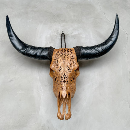 Brown Carved Buffalo Skull with Flower of Life Motif — Handcrafted Wall Art - Skull,A/109