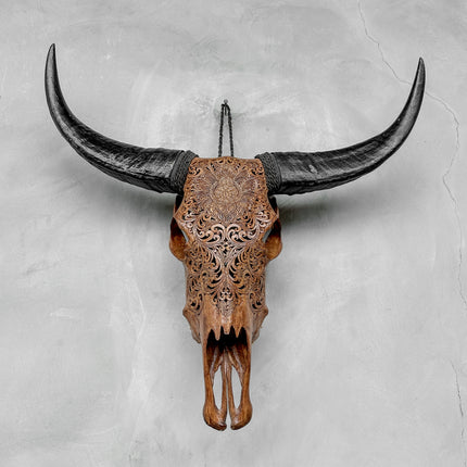 Brown Carved Buffalo Skull with Floral Motif — Handcrafted Wall Art - Skull,A/102